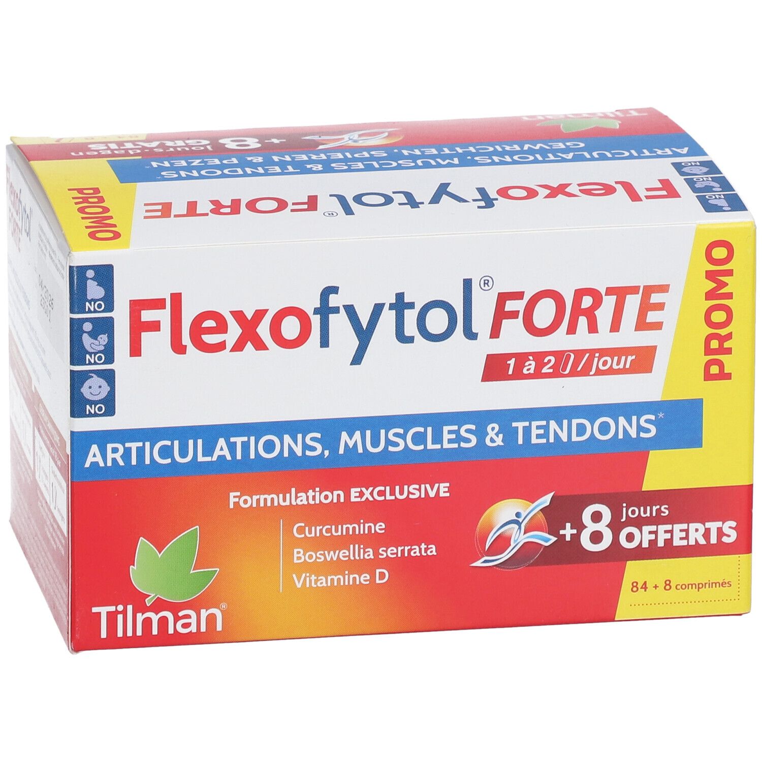 Boîte Flexofytol Forte. Contient 84+8 comprimés. Contient curcumine, Boswellia serrata et vitamine D. Mention promo.