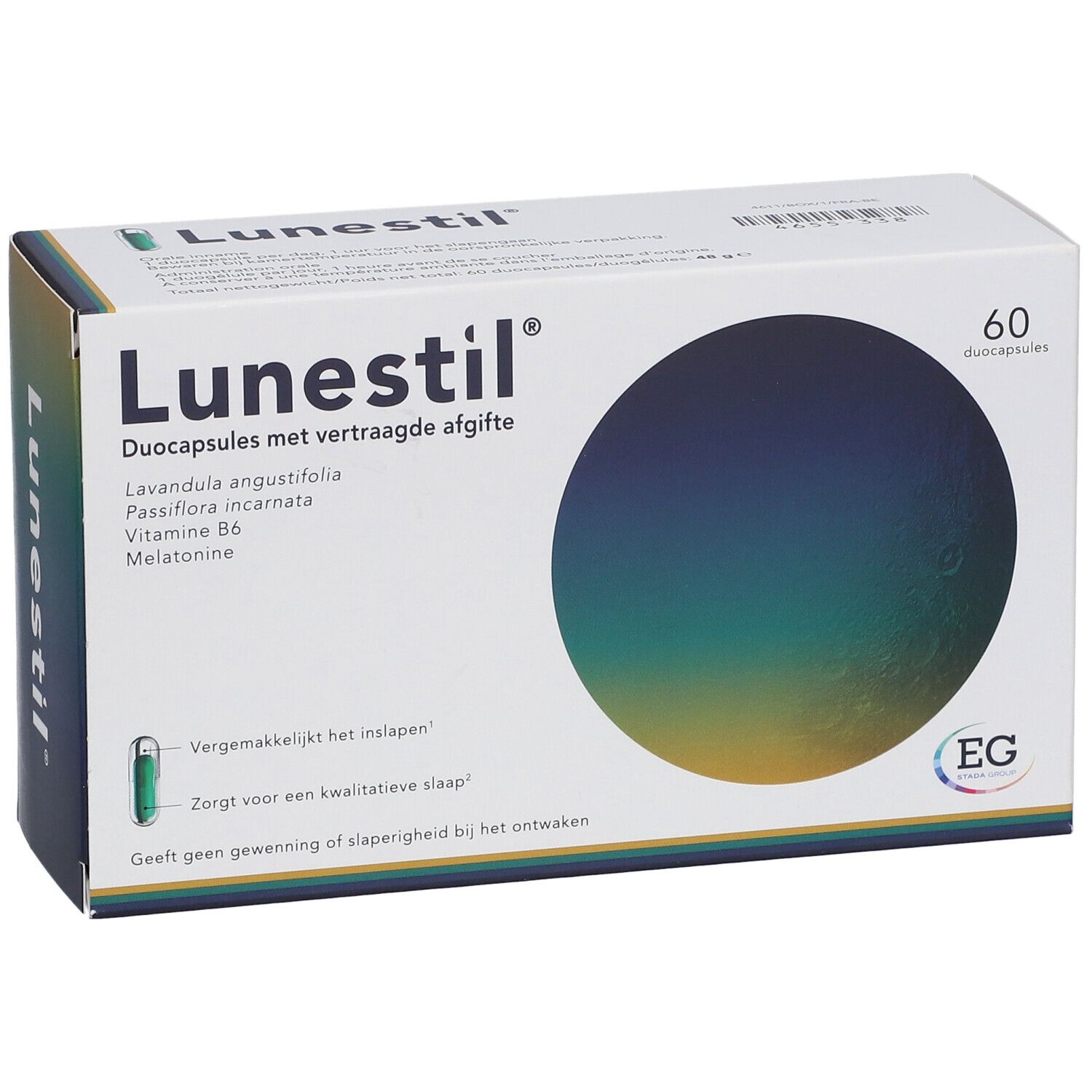 Doosje met Lunestil duo-capsules. Bevat 60 capsules. Opschrift: Duo-capsules met vertraagde afgifte.