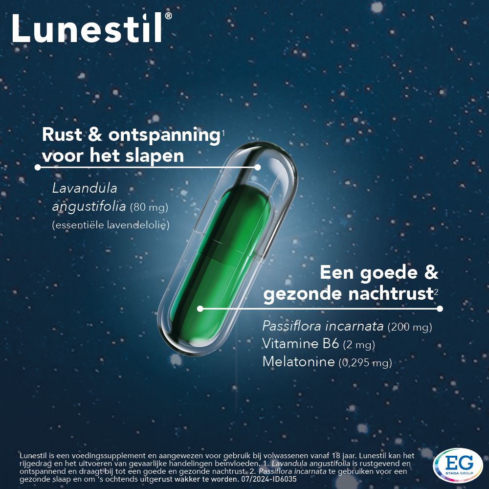 Capsule met ingrediënten: Lavandula angustifolia, Passiflora incarnata, Vitamine B6, Melatonine.