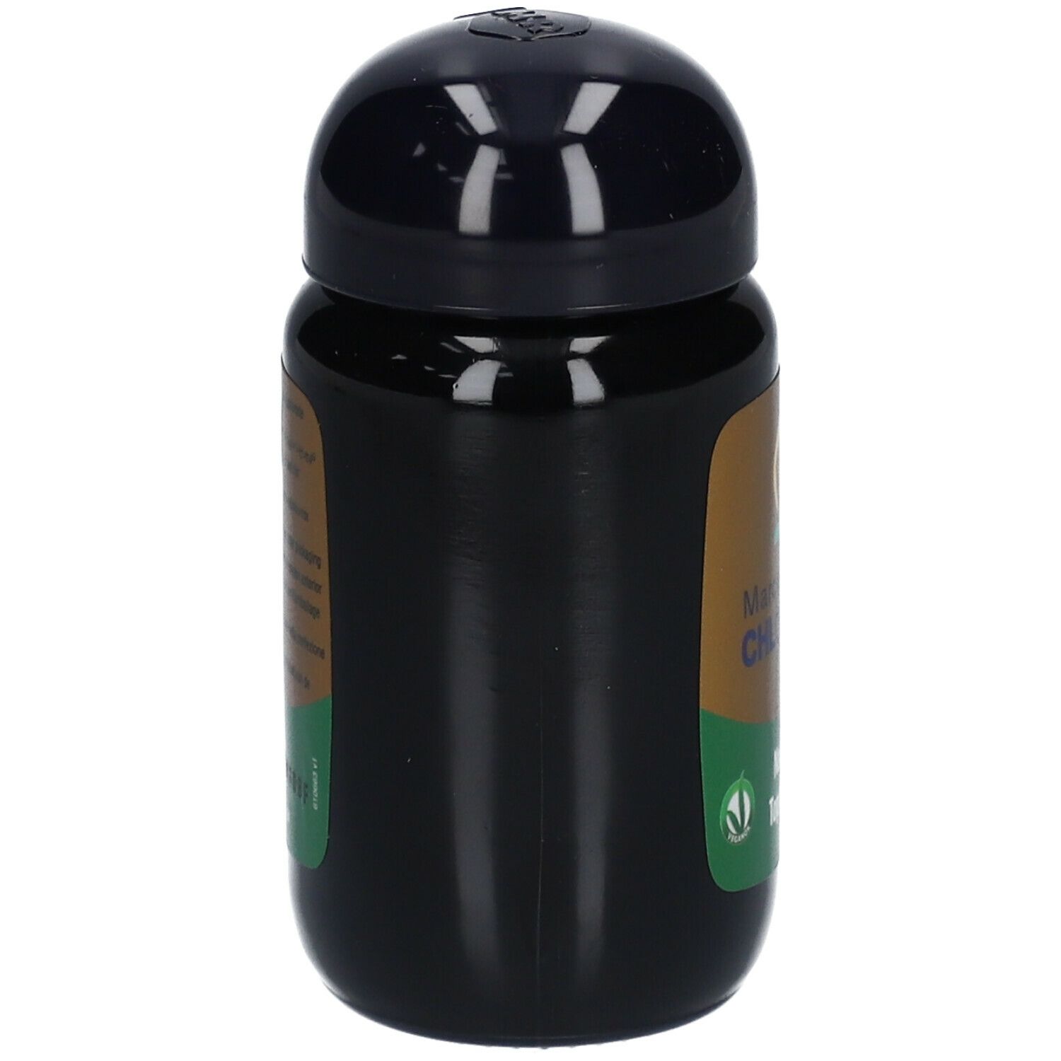Zwarte fles, gouden etiket. Opschrift: Marcus Rohrer Chlorella. Vegan keurmerk. Zijaanzicht.