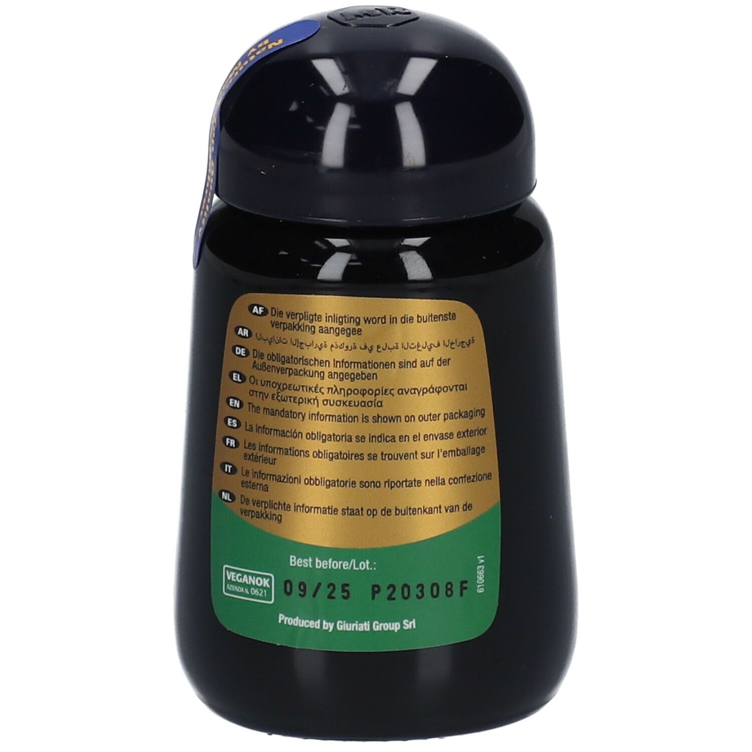 Zwarte fles met gouden etiket. Opschrift: Informatie. Vegan keurmerk. Ten minste houdbaar tot.