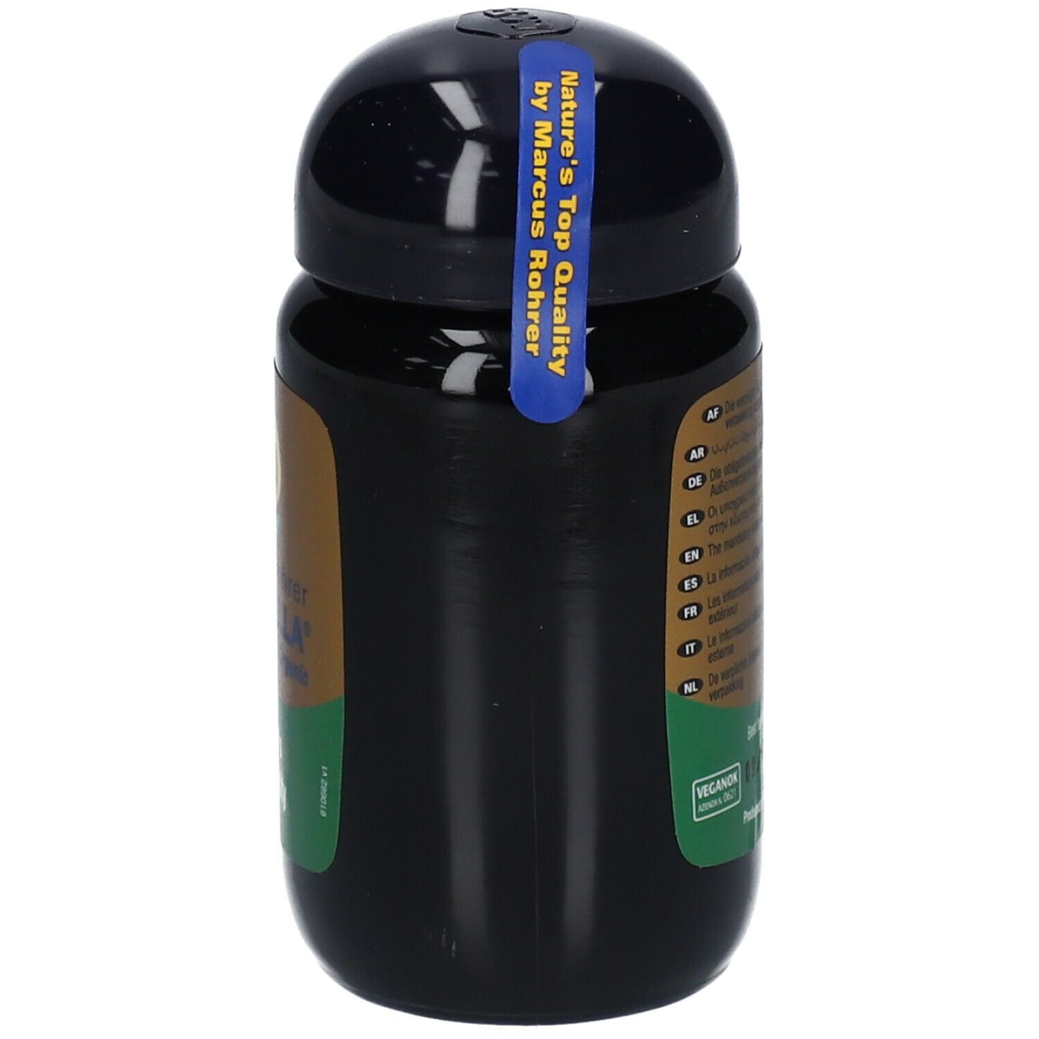 Zwarte fles met gouden etiket. Opschrift: Marcus Rohrer Chlorella. Blauwe sticker. Zijaanzicht.