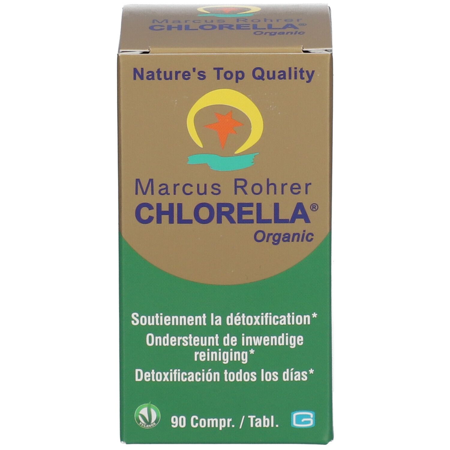 Doos met opschrift: Marcus Rohrer Chlorella Organic. Groen-goud design. Vegan keurmerk. 90 tabletten.