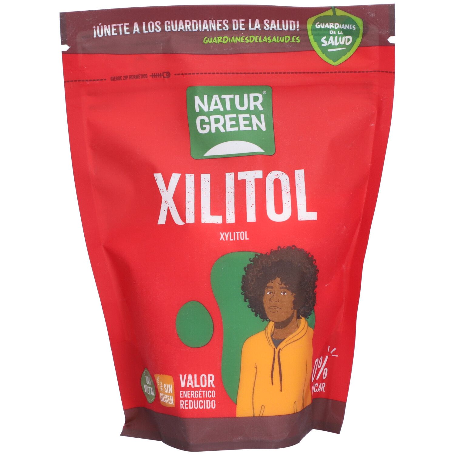 Rode verpakking met NATURGREEN Xylitol. Opschrift: Xylitol, figuur met gele hoodie. Groen zegel.