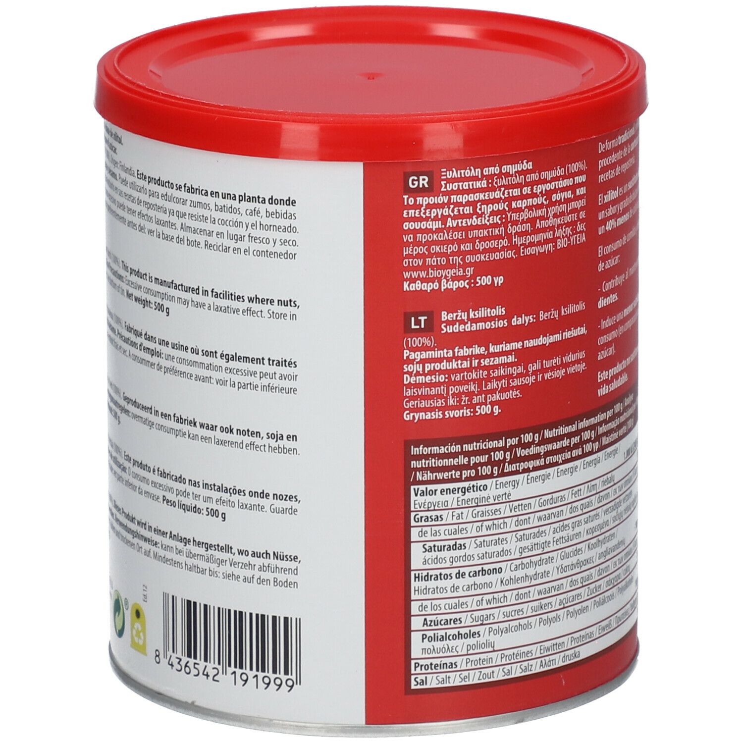 Rode doos met NATURGREEN Xylitol. Tekst in meerdere talen. Voedingswaarde. Rode deksel.