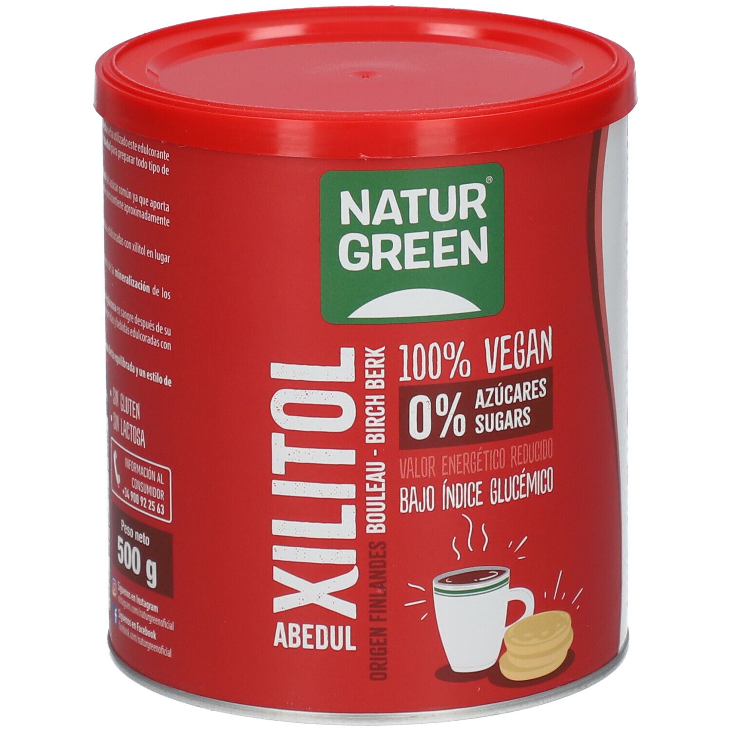 Rode doos NATURGREEN Xylitol. Opschrift: 100% Vegan, 0% suiker. Illustratie: kopje, koekjes. Rode deksel.