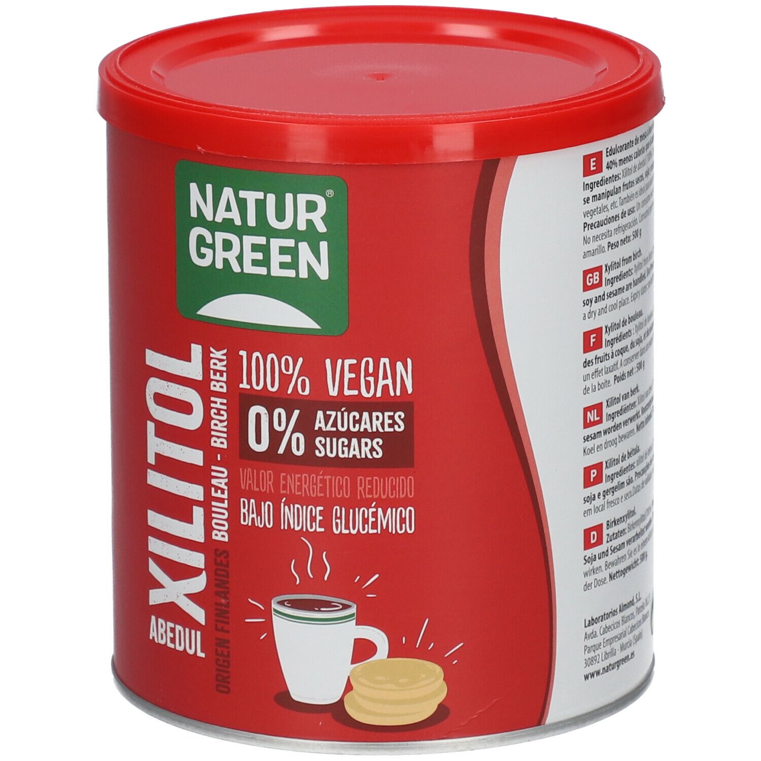 Rode doos NATURGREEN Xylitol. Opschrift: 100% Vegan, 0% suiker. Illustratie: kopje, koekjes. Rode deksel.
