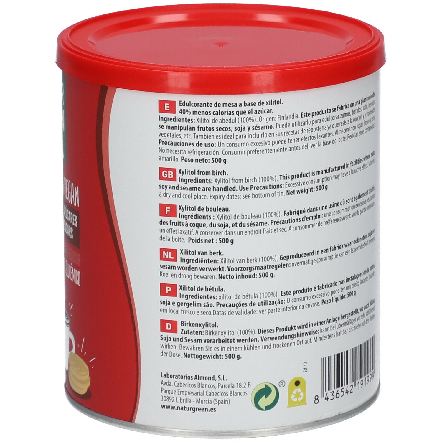 Achterkant van de rode doos NATURGREEN Xylitol. Tekst in meerdere talen. Voedingswaarde. Rode deksel.