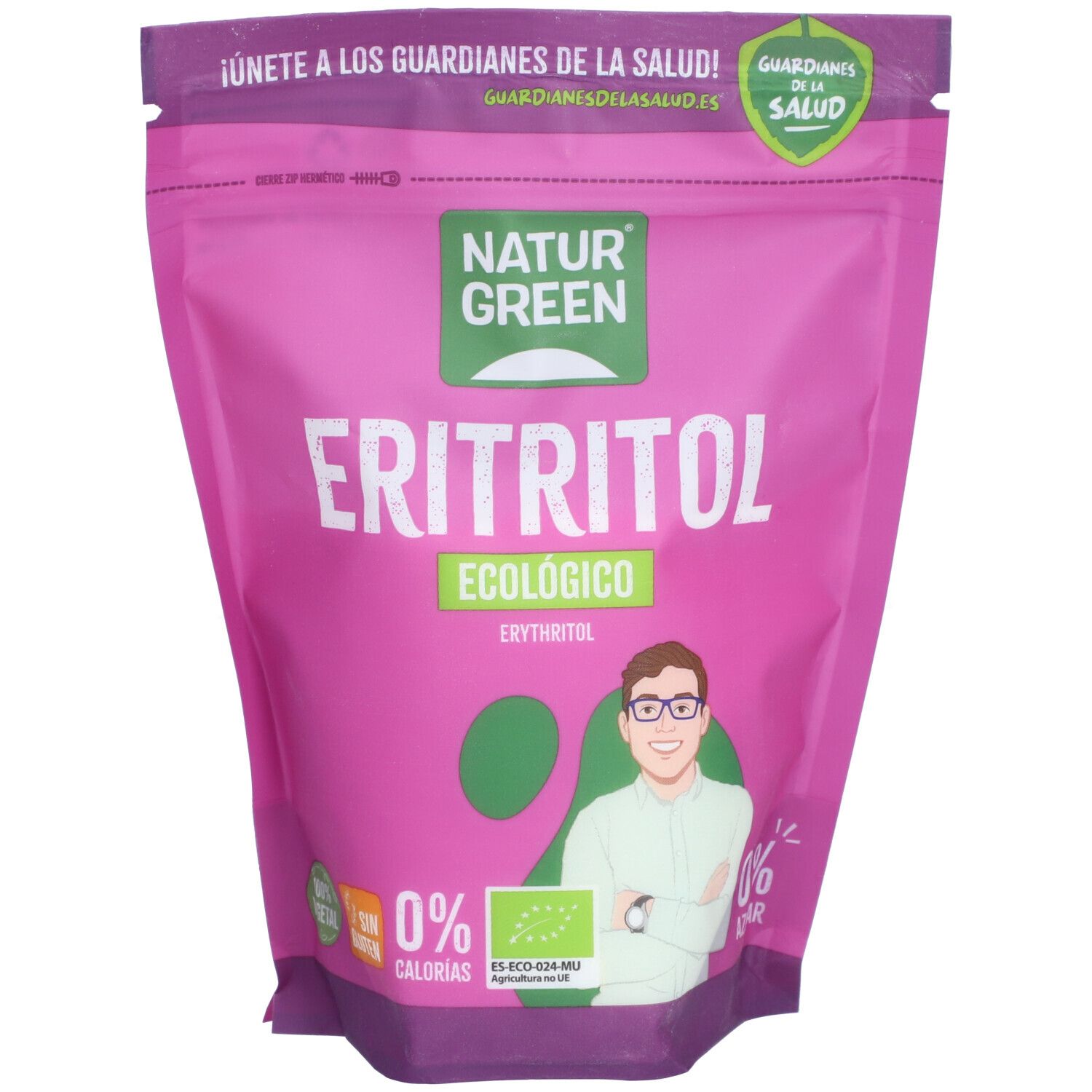 Roze zak met NaturGreen Erythritol. Opdruk: 0% calorieën, bio-label, man met bril. Tekst: Erythritol Ecologico.