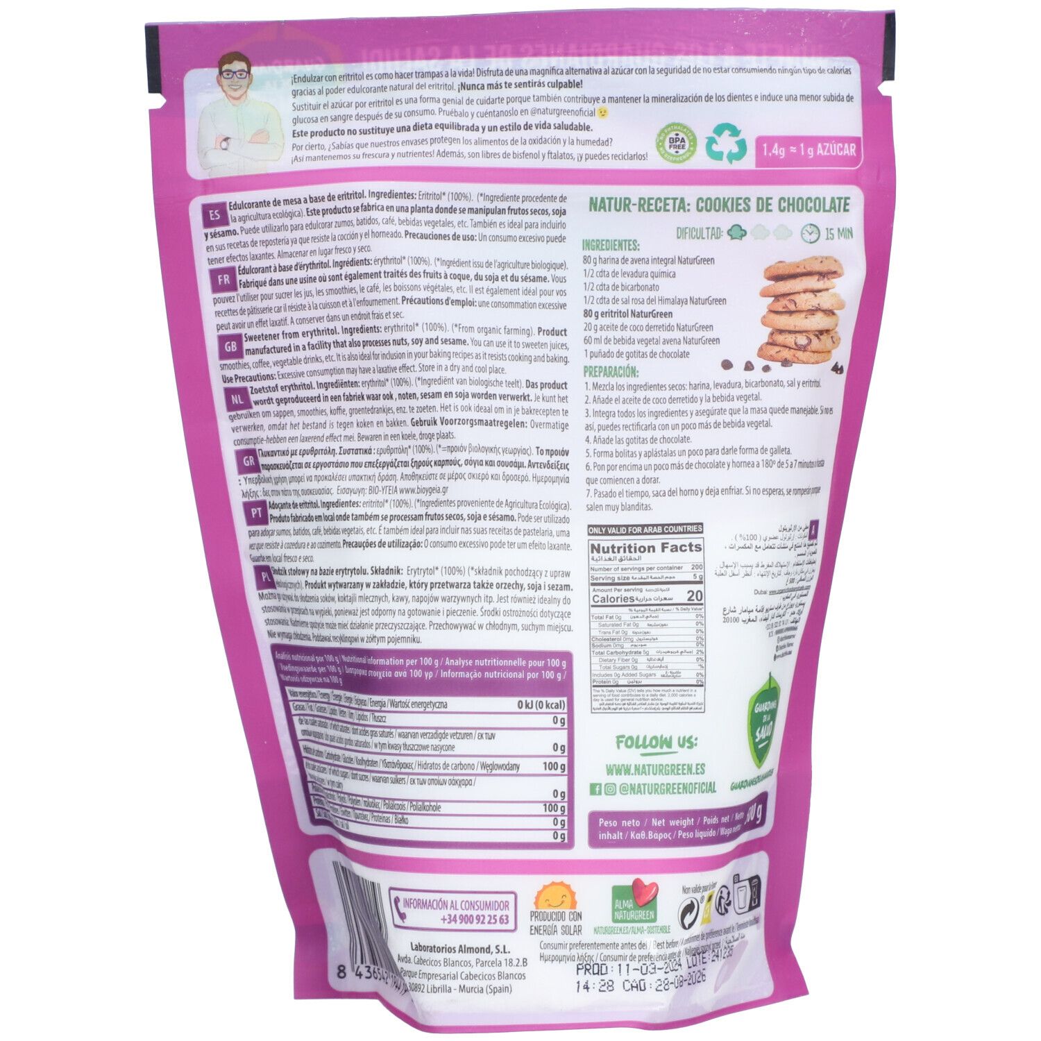 Achterkant van de roze zak NaturGreen Erythritol. Meertalige tekst, voedingswaarde, bio-label, recept.