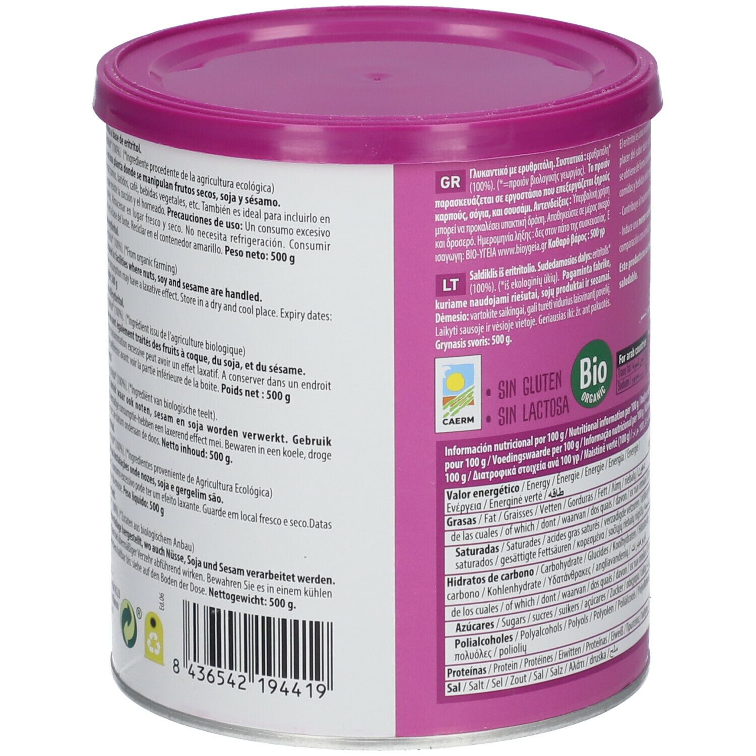 Cilindrische pot met NaturGreen Erythritol. Roze deksel en pot. Meertalige tekst, voedingswaarde, bio-label.
