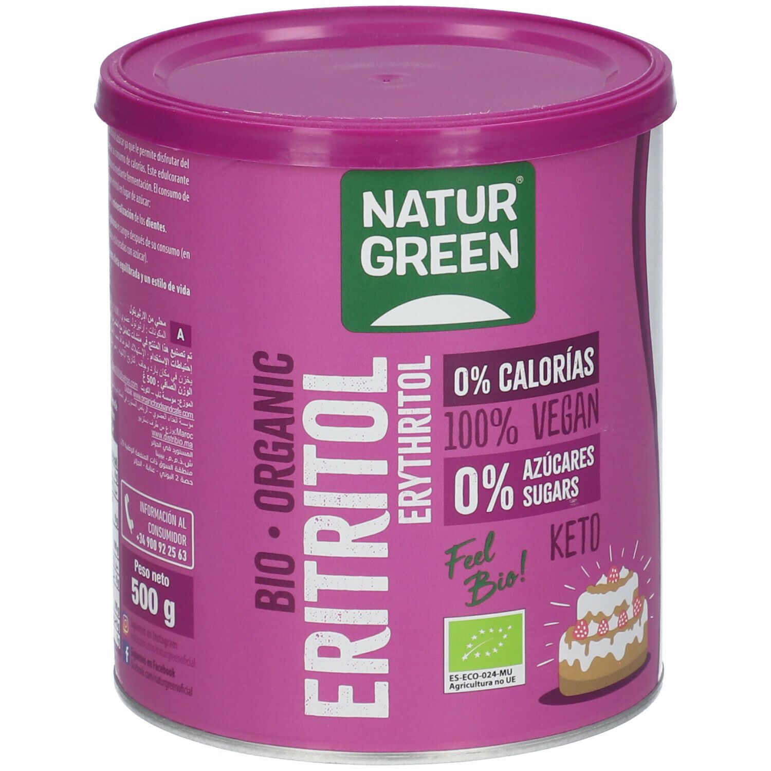 Cilindrische pot NaturGreen Erythritol. Roze pot, groene deksel. Tekst: 0% calorieën, 100% Vegan, 0% suikers, Keto, Bio.