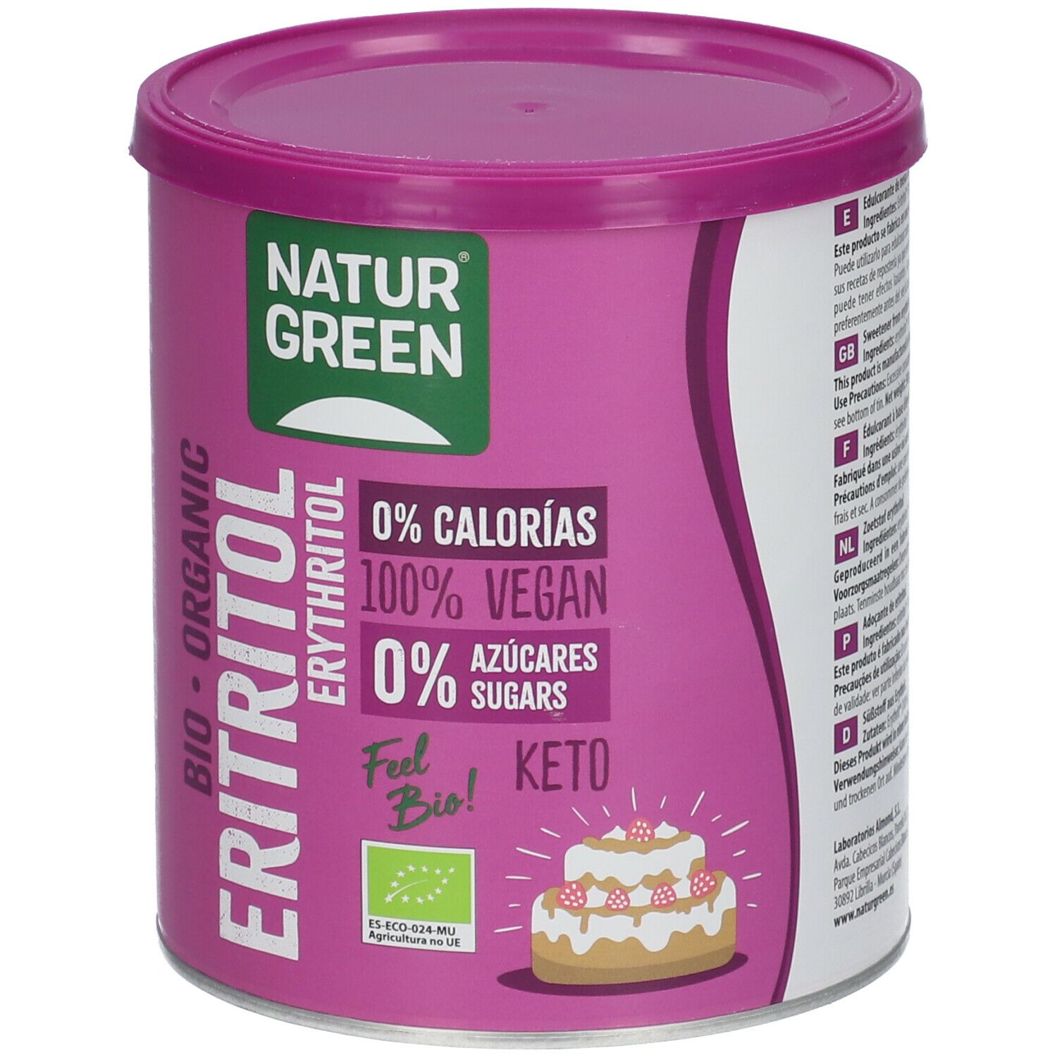 Cilindrische pot NaturGreen Erythritol. Roze pot, groene deksel. Tekst: 0% calorieën, 100% Vegan, 0% suikers, Keto, Bio.
