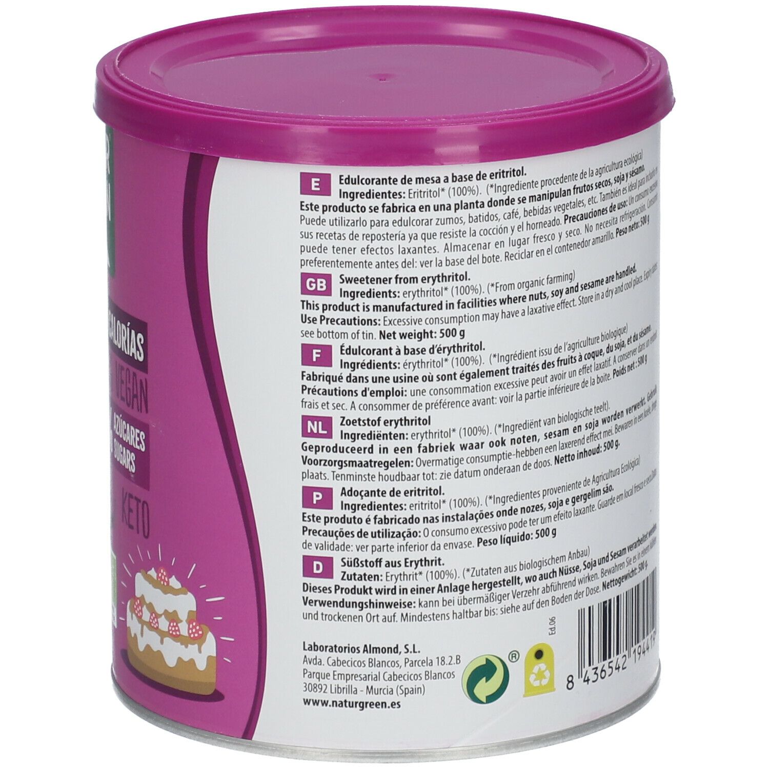 Achterkant van de pot NaturGreen Erythritol. Meertalige tekst, ingrediënten, voedingswaarde, bio-label, Keto.