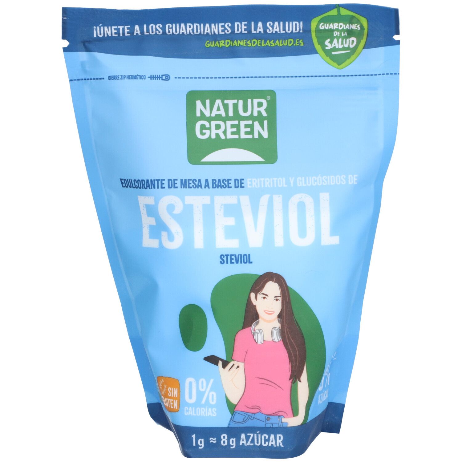 Hellblaue Verpackung mit NATURGREEN-Logo und „ESTEVIOL“. Enthält 0% Zucker. Frau mit Kopfhörern und Smartphone.
