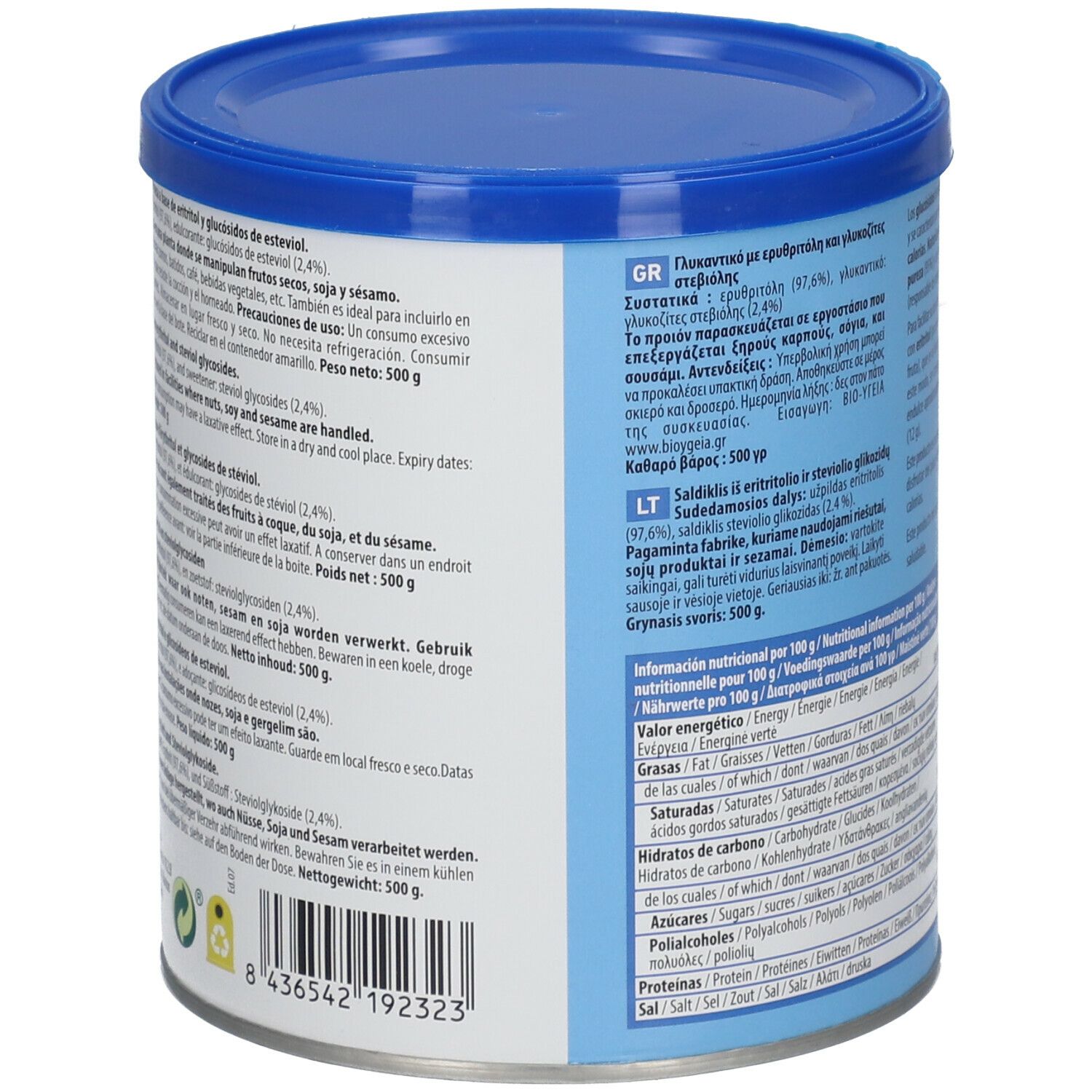 Blaue Dose mit Deckel. Enthält Informationen in verschiedenen Sprachen. Nettogewicht: 500g. Enthält Steviolglykoside.