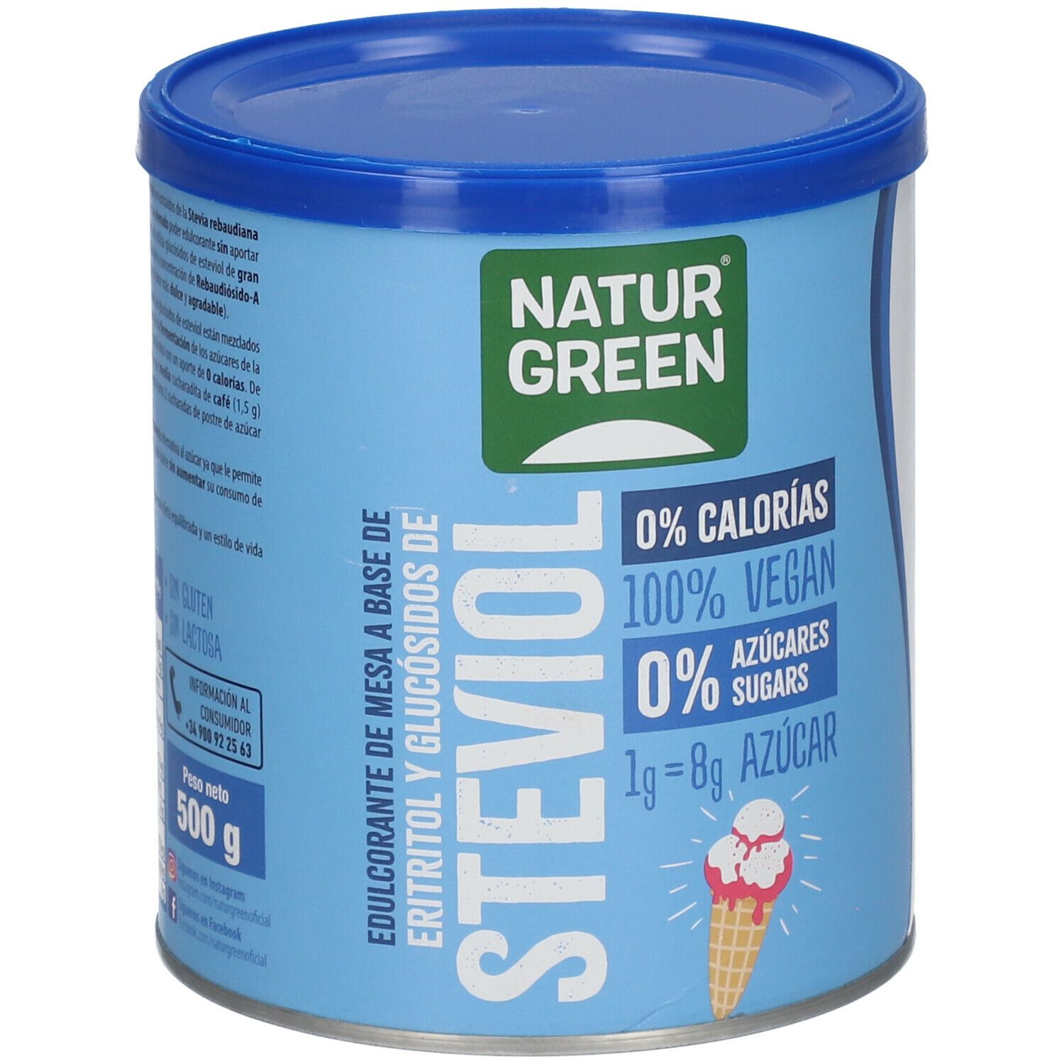Blaue Dose mit Deckel. NATURGREEN-Logo und „ESTEVIOL“. 0% Kalorien, 100% vegan, 0% Zucker. Eiswaffel-Illustration.