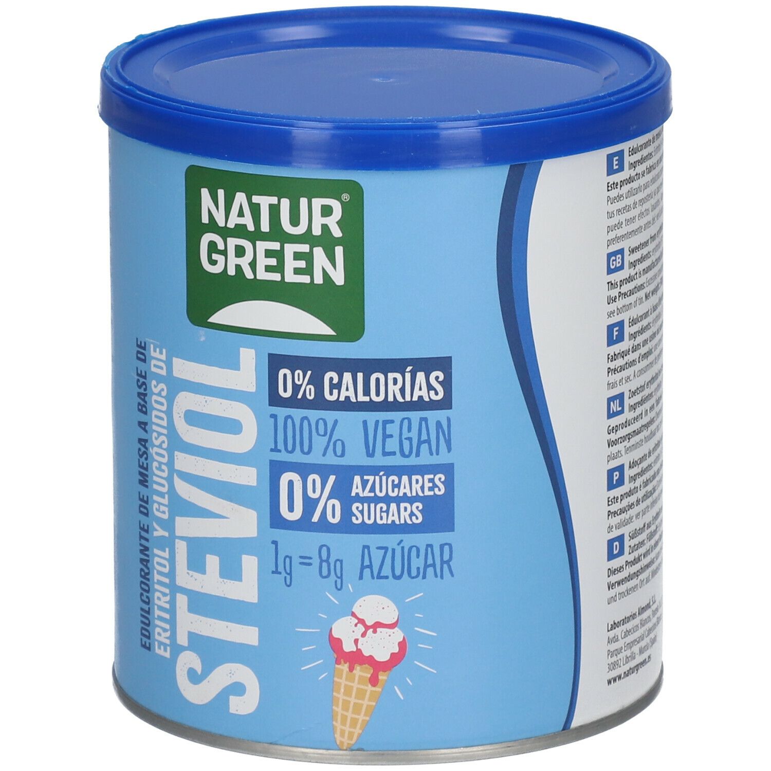Blaue Dose mit Deckel. NATURGREEN-Logo und „ESTEVIOL“. 0% Kalorien, 100% vegan, 0% Zucker. Eiswaffel-Illustration.