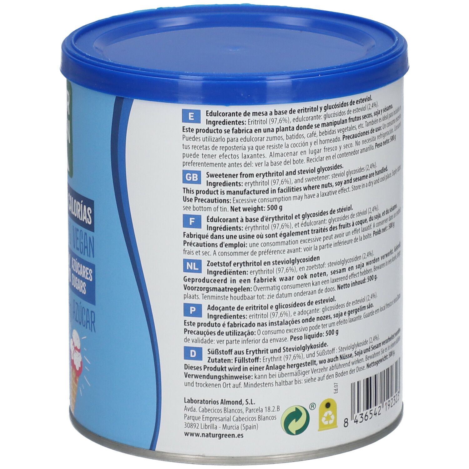 Rückseite der blauen Dose. Enthält Informationen in verschiedenen Sprachen. Nettogewicht: 500g. Zutatenliste.