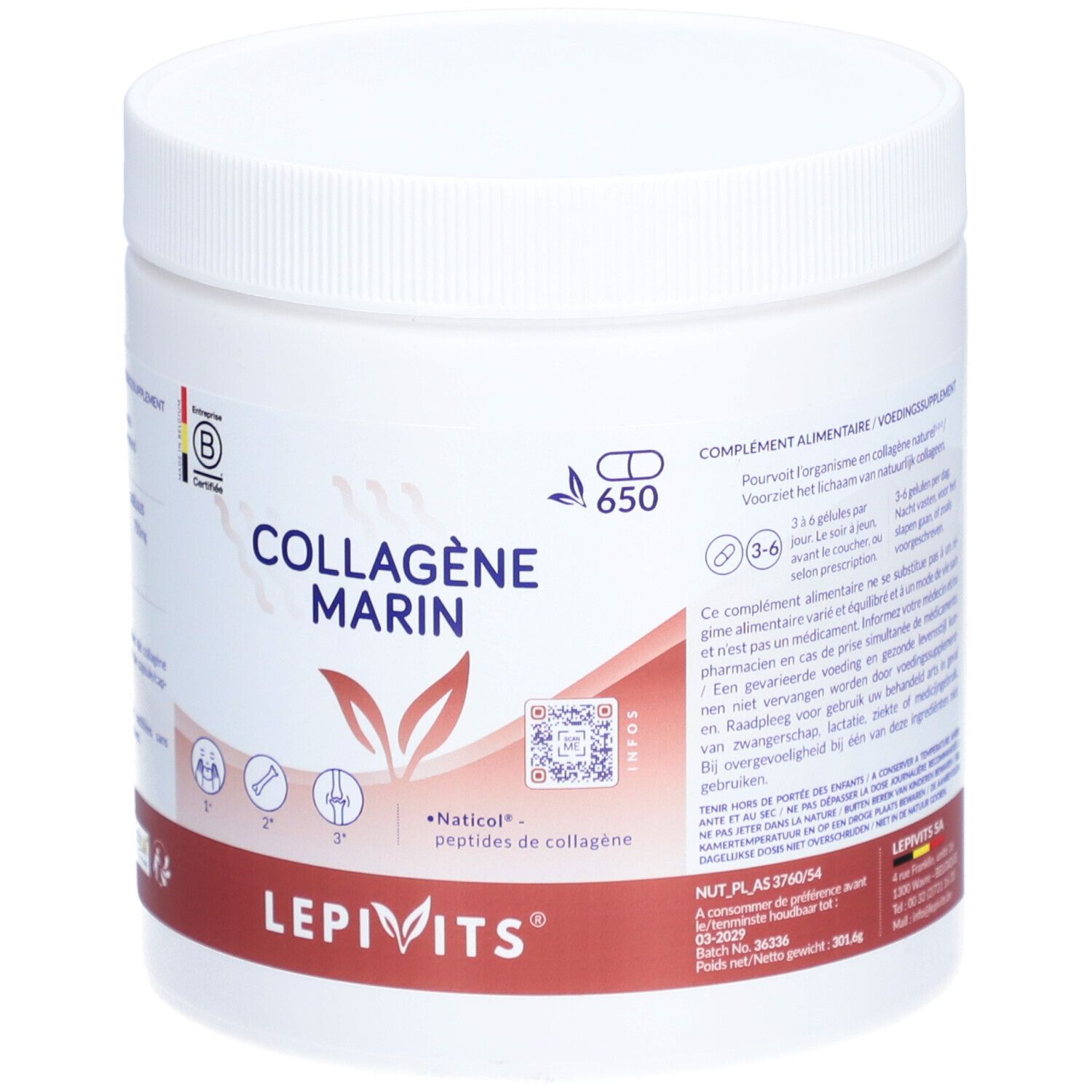 Pot de supplément blanc avec COLLAGÈNE MARIN et LEPIVITS®. Bande rouge avec logo et texte. Certification B. Capsules 650.
