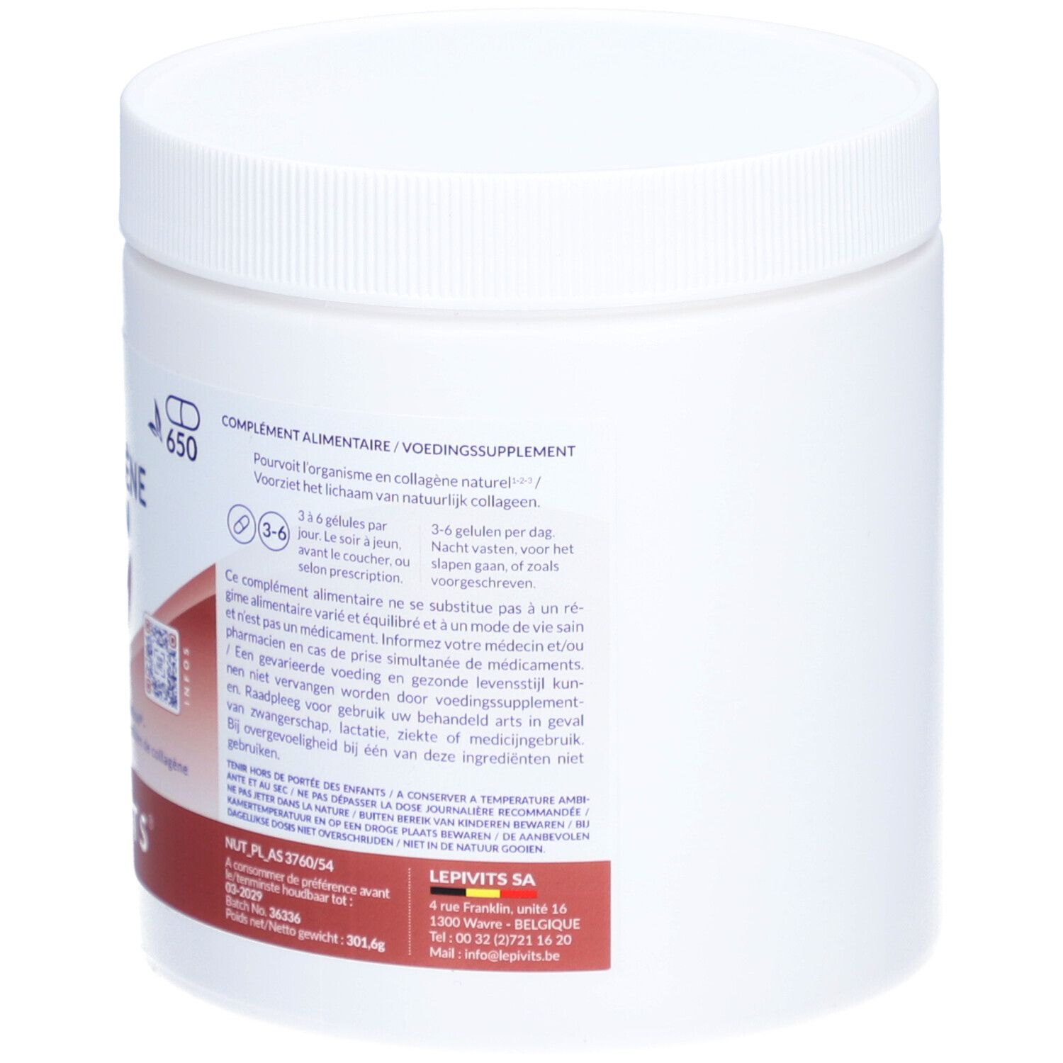 Pot de supplément blanc. Dos avec texte: COLLAGÈNE MARIN, ingrédients, dosage. Logo et coordonnées.
