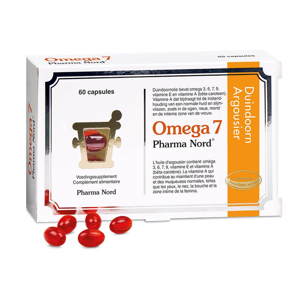Doos Omega 7 Pharma Nord, 60 capsules. Venster met capsules. Enkele capsules ernaast.