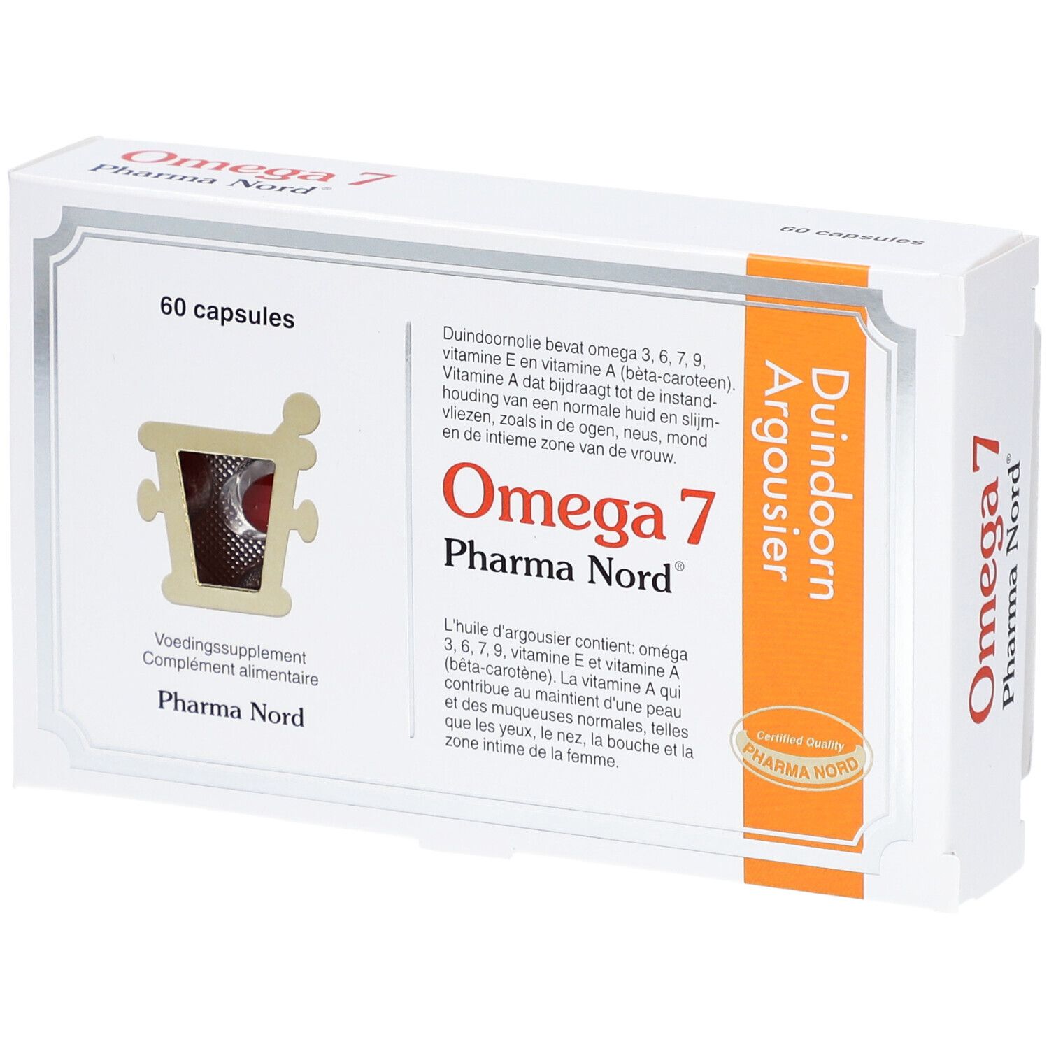 Witte doos Omega 7 Pharma Nord. 60 capsules. Oranje strook met tekst. Certificeringslabel.