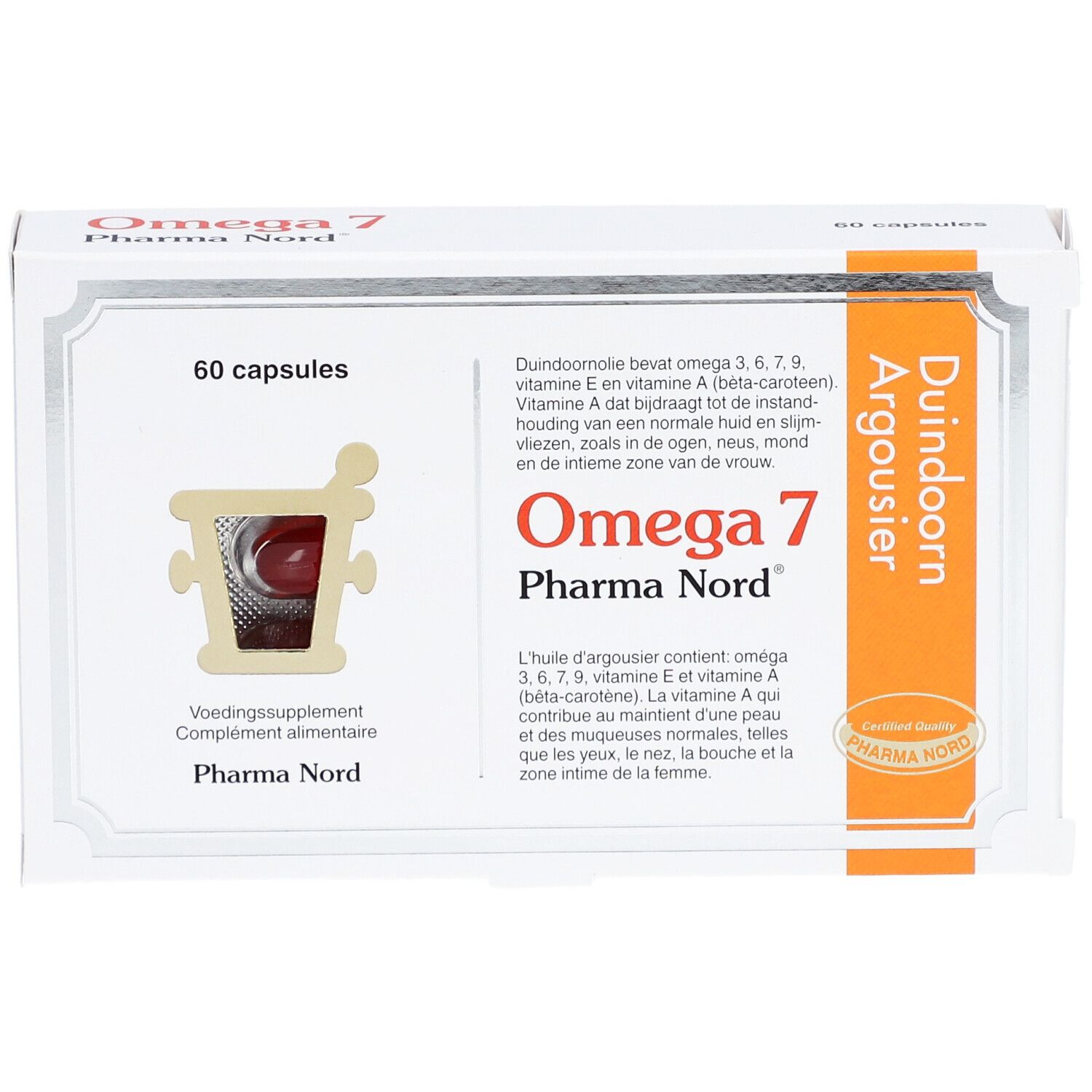Witte doos Omega 7 Pharma Nord. 60 capsules. Venster met capsules. Certificeringslabel.