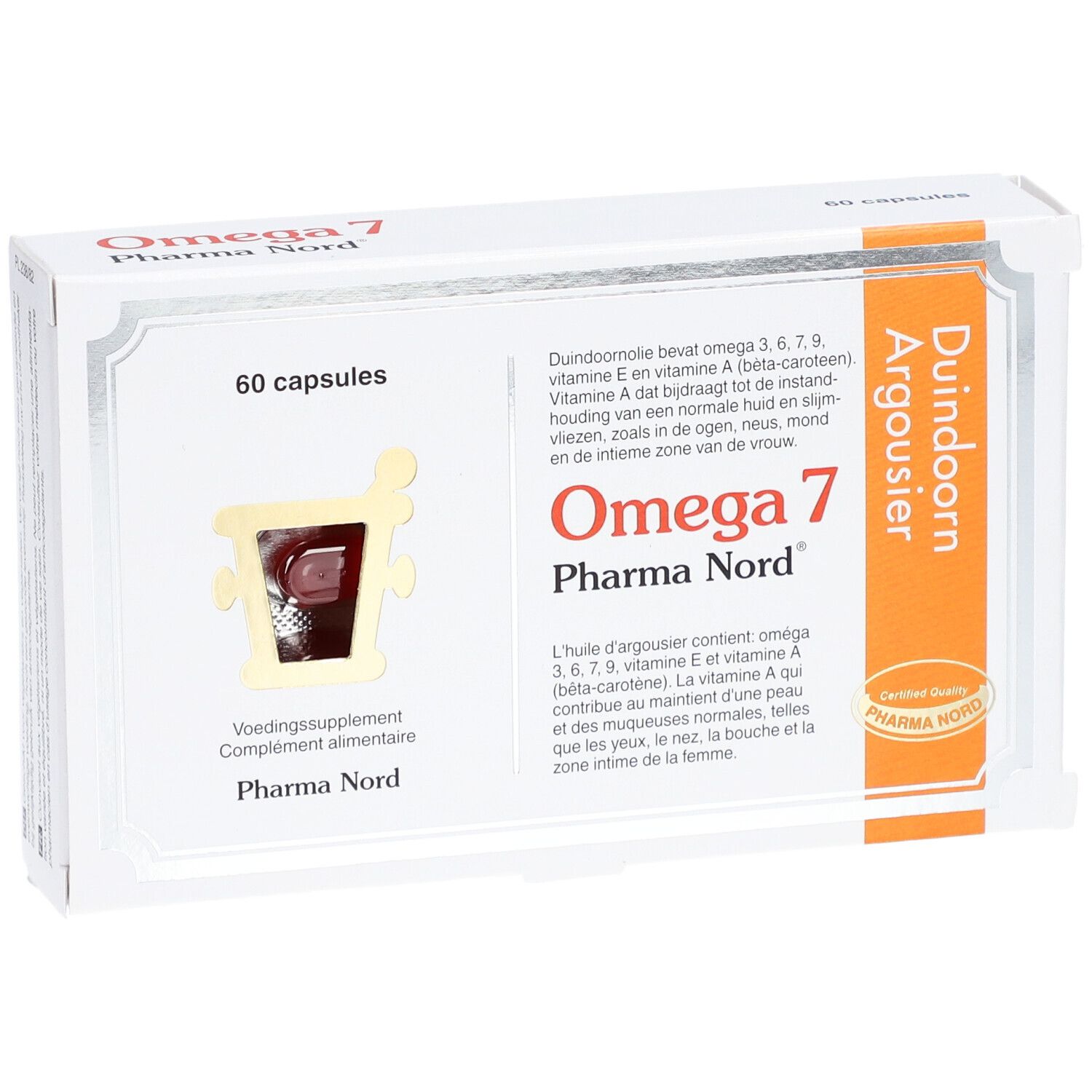 Witte doos Omega 7 Pharma Nord. 60 capsules. Venster met capsules. Transparante verpakking.