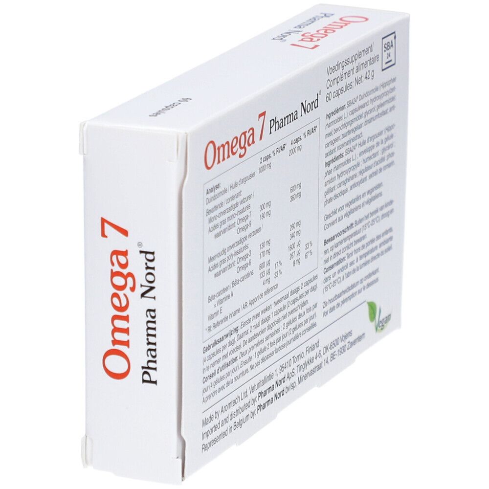 Achterkant doos Omega 7 Pharma Nord. Meertalige tekst. Veganistisch logo. Schuine weergave.