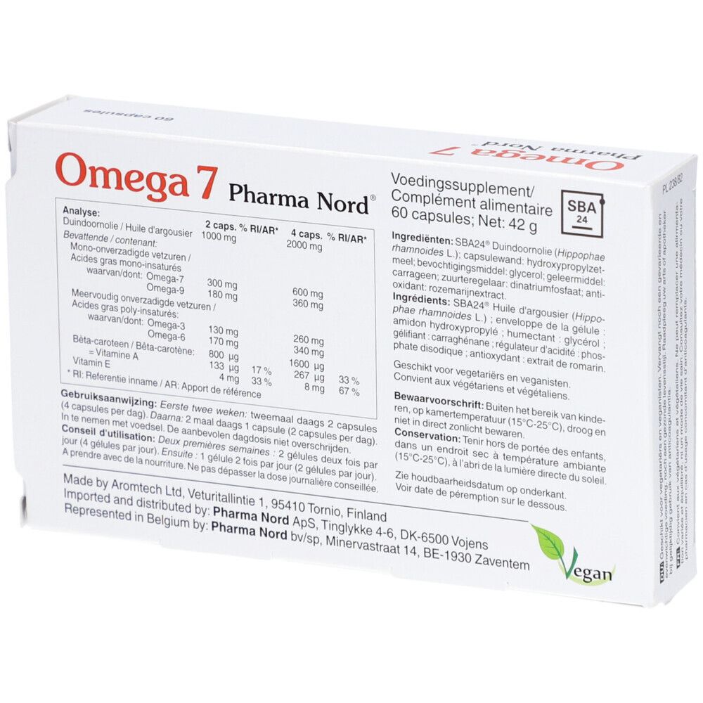 Achterkant doos Omega 7 Pharma Nord. Meertalige tekst. Veganistisch logo. Ingrediënten.