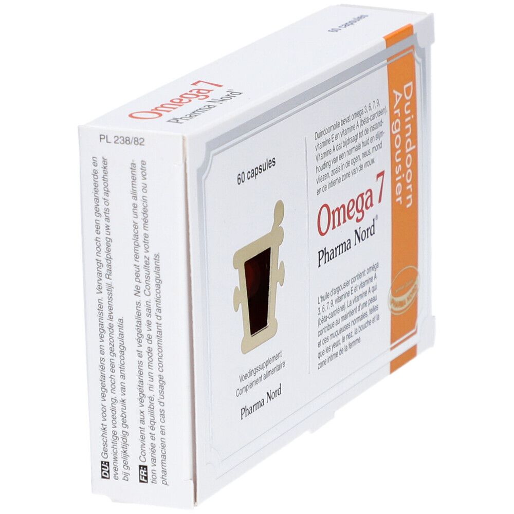 Doos Omega 7 Pharma Nord, 60 capsules. Tekst en ingrediënten. Veganistisch logo. Schuine weergave.