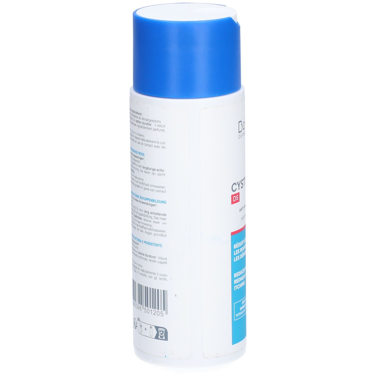 Dos du flacon de shampooing blanc avec bouchon bleu. Texte multilingue. Code-barres et informations fabricant.