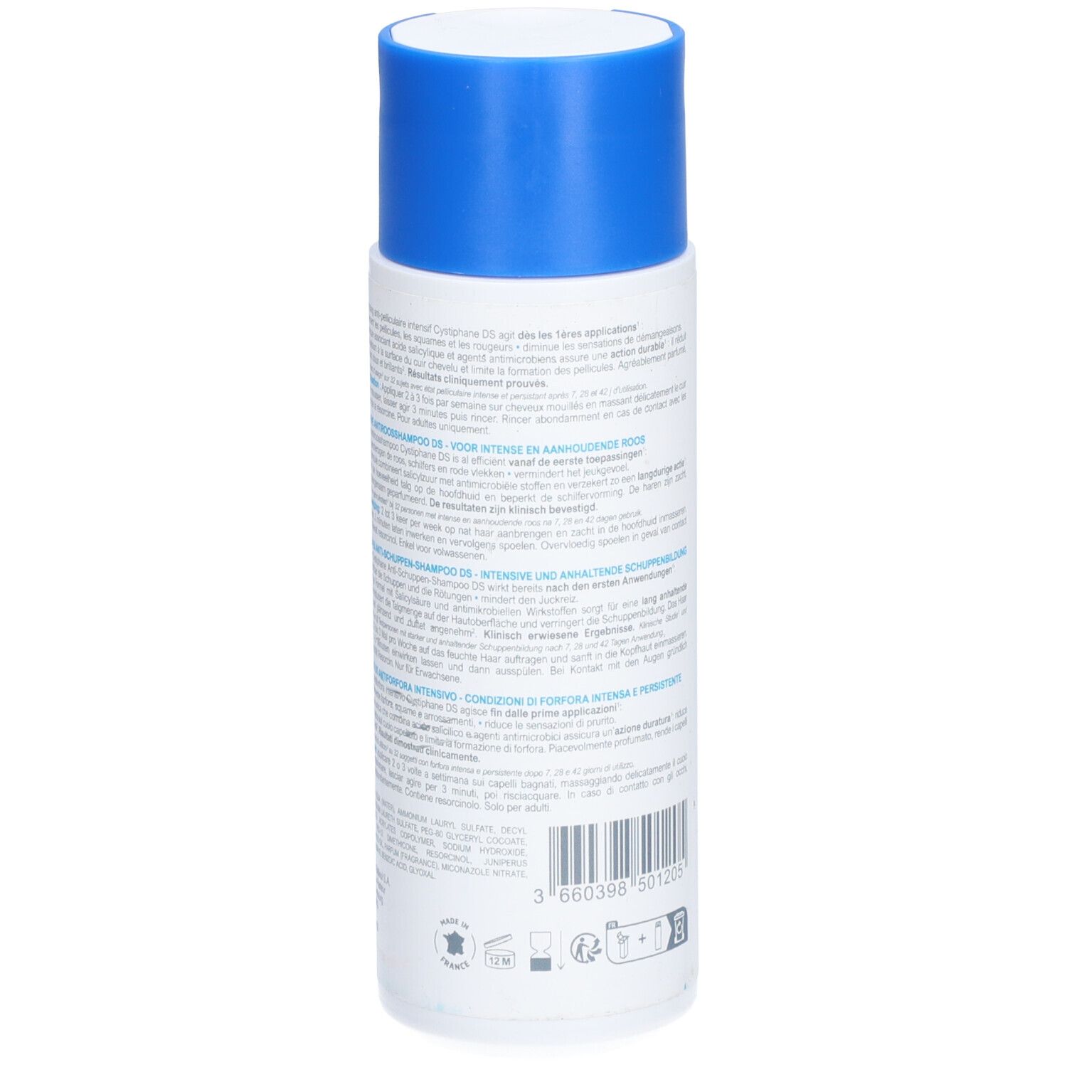 Dos du flacon de shampooing blanc avec bouchon bleu. Texte multilingue. Code-barres et informations fabricant.