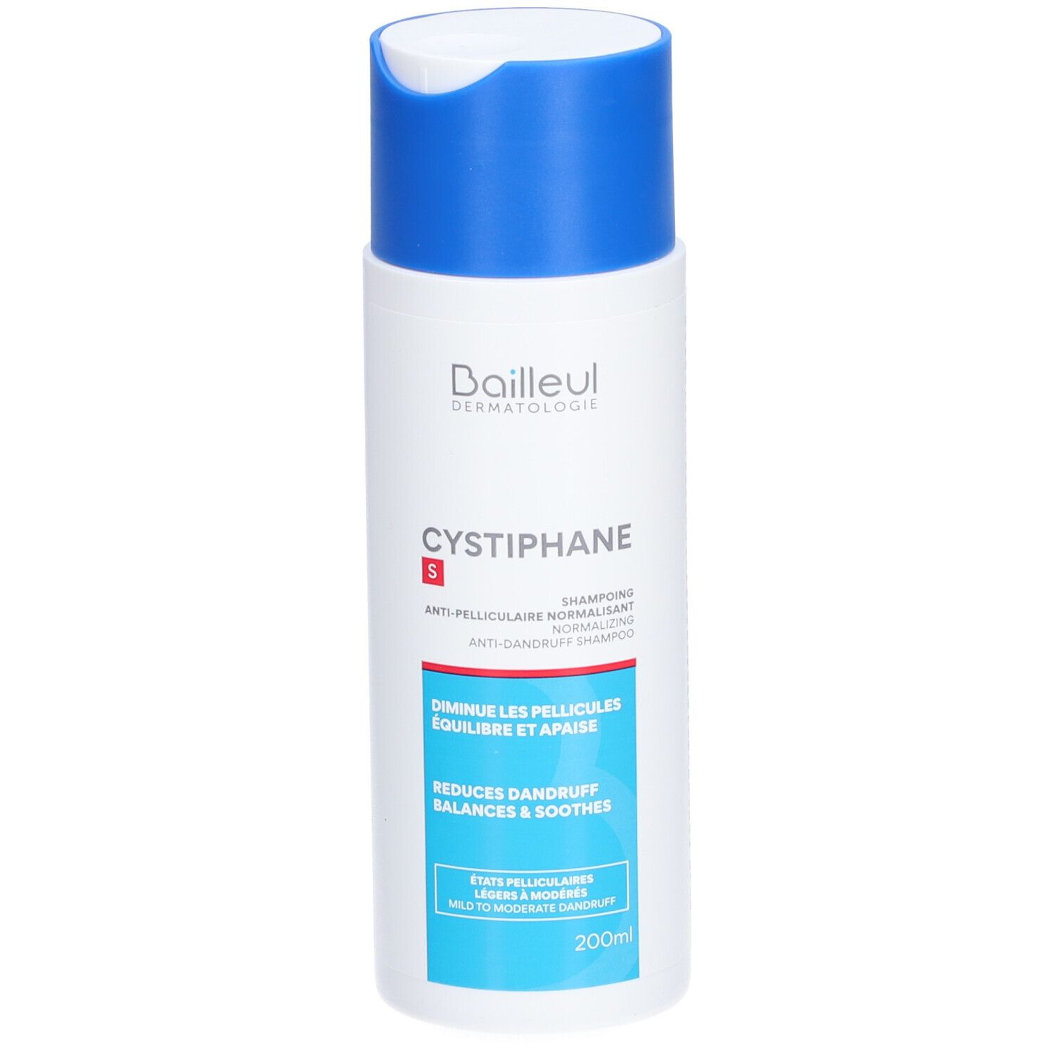 Witte fles met blauwe dop. Opschrift: CYSTIPHANE S, anti-roos shampoo. 200ml.