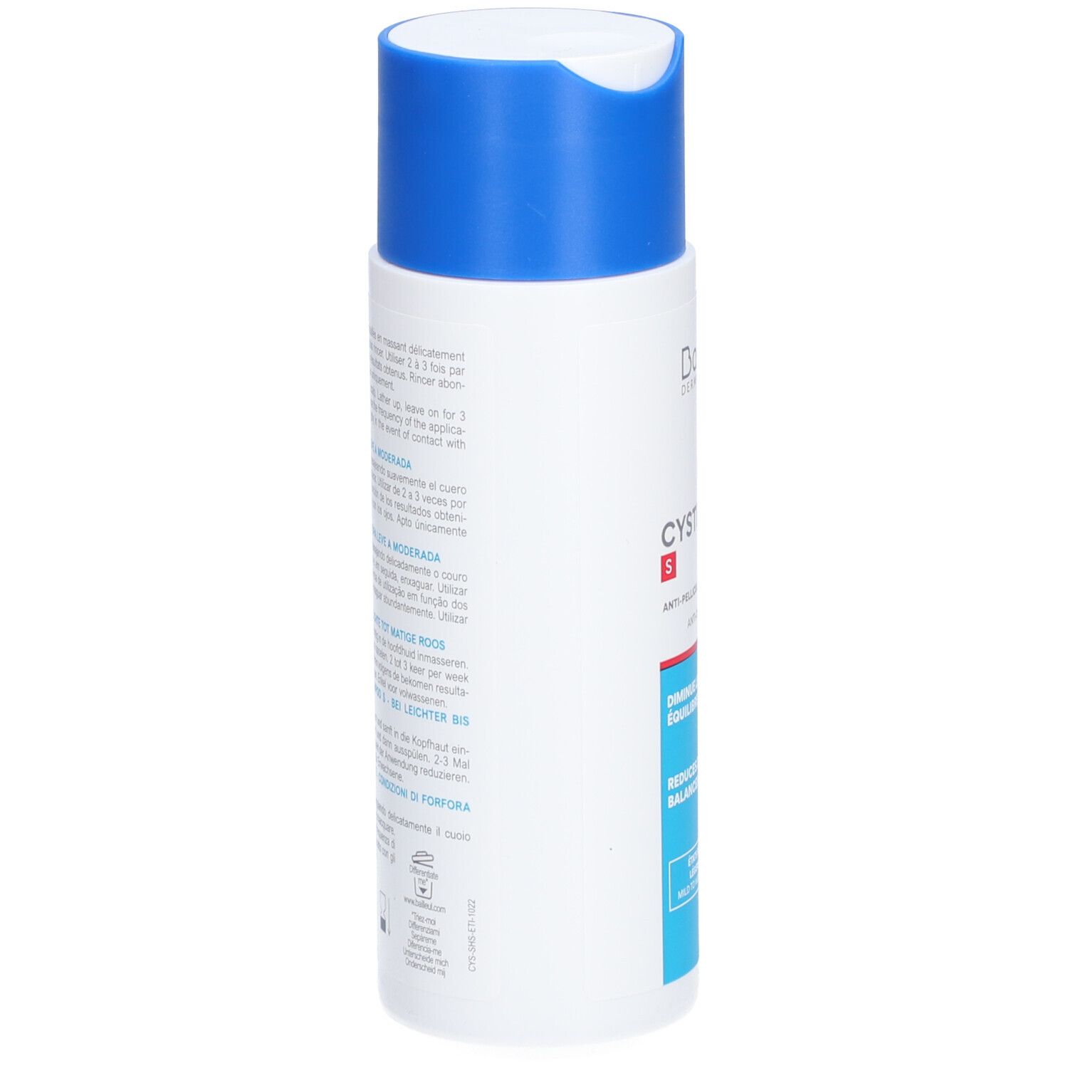 Achterkant van een witte fles met blauwe dop. Meertalige tekst. 12M-symbool.