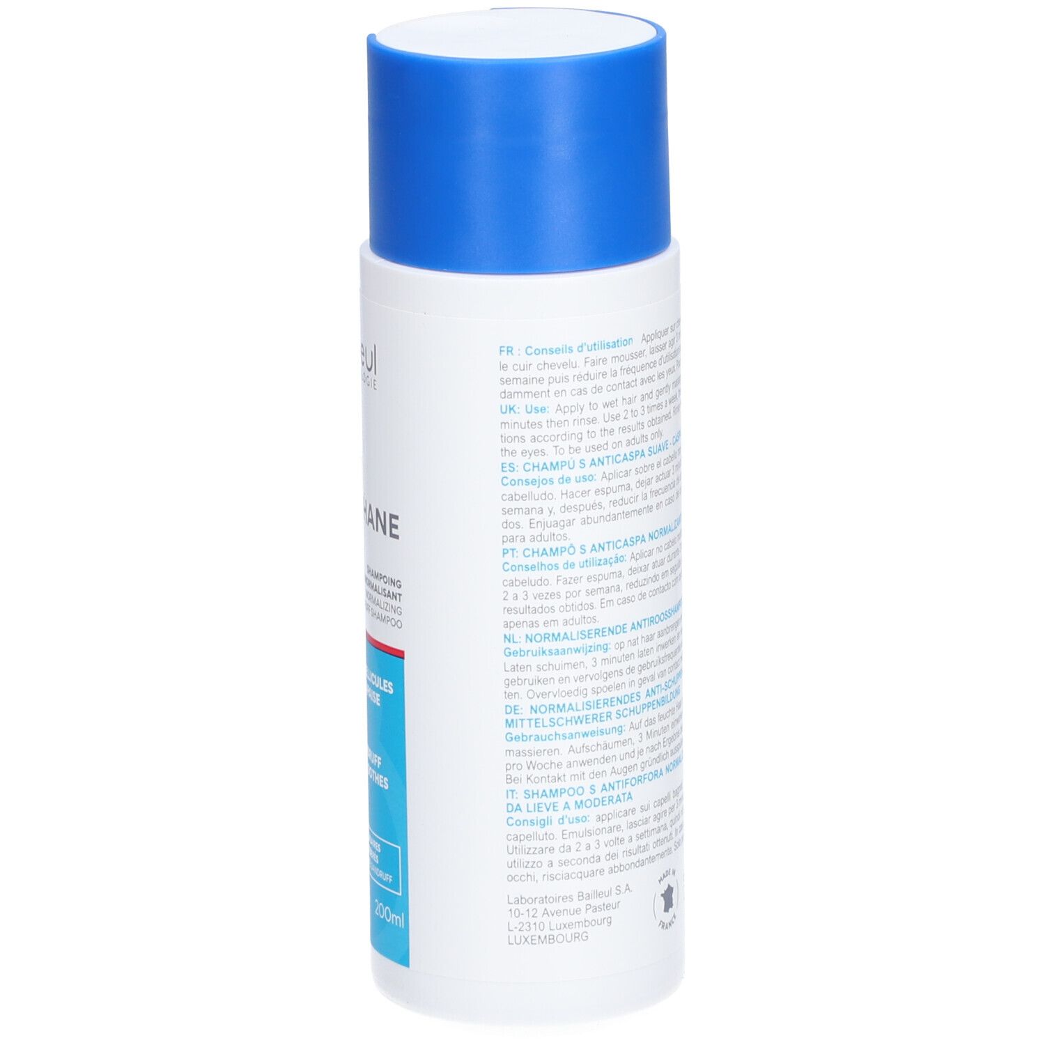 Achterkant van een witte fles met blauwe dop. Meertalige tekst. 200ml.