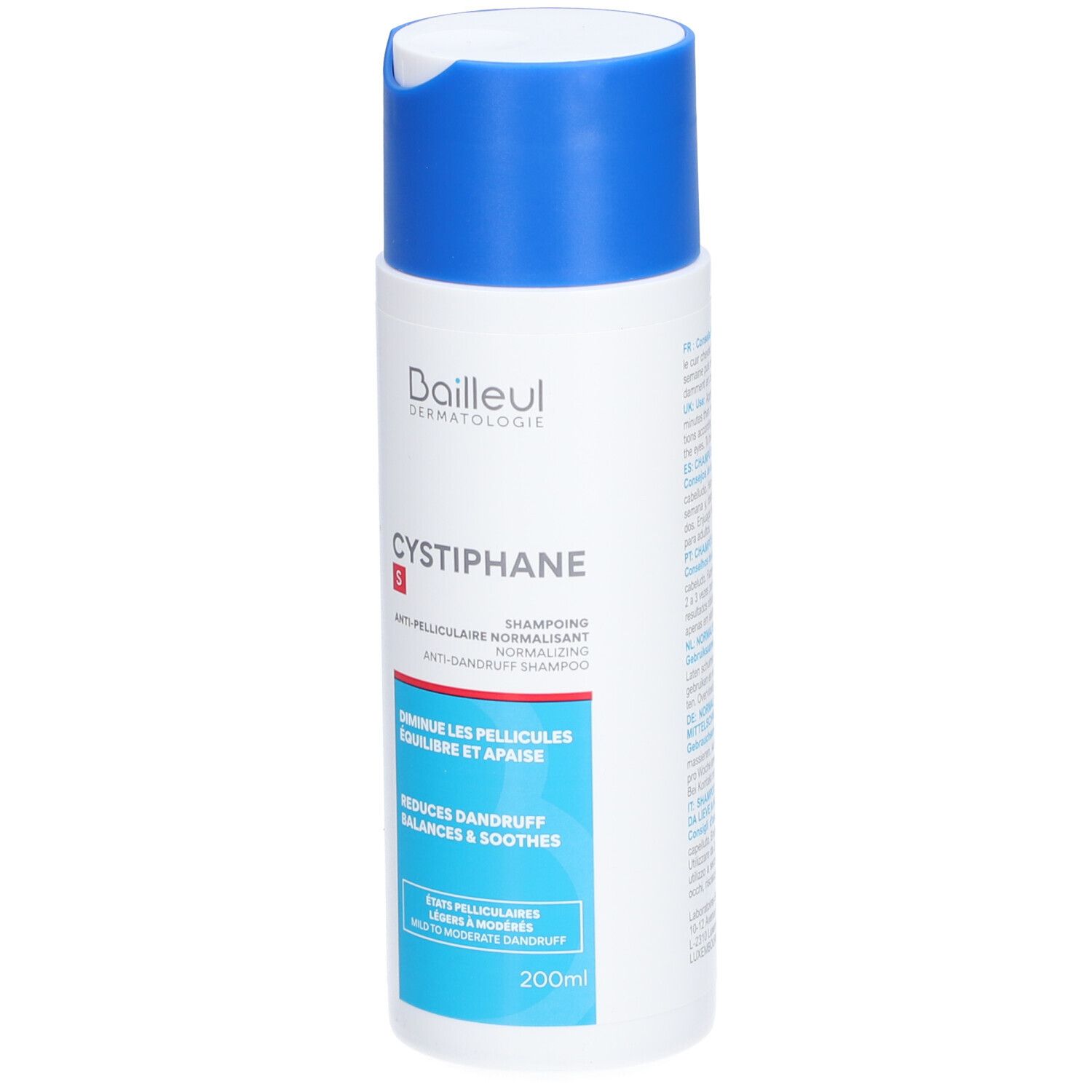 Witte fles met blauwe dop. Opschrift: CYSTIPHANE S, anti-roos shampoo. 200ml.