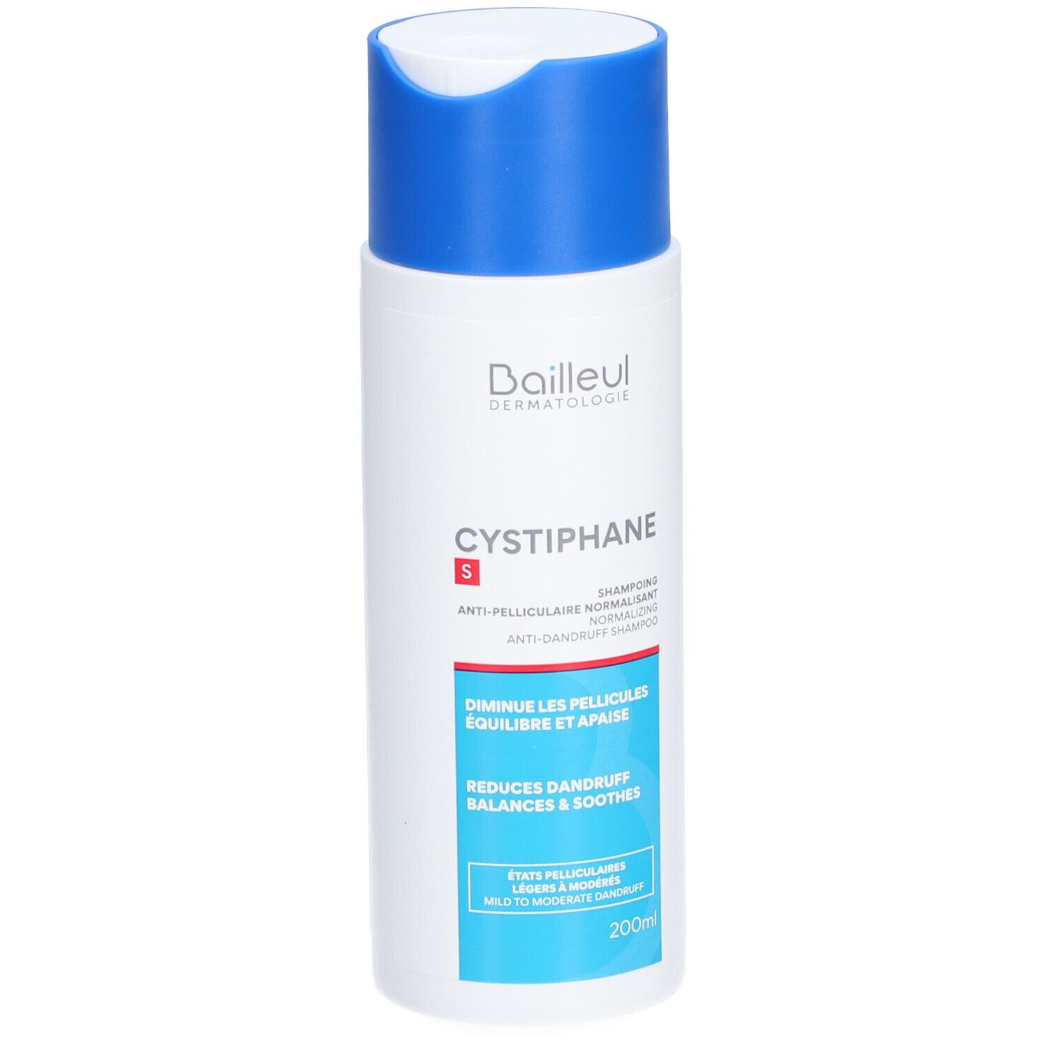 Witte fles met blauwe dop. Opschrift: CYSTIPHANE S, anti-roos shampoo. 200ml.