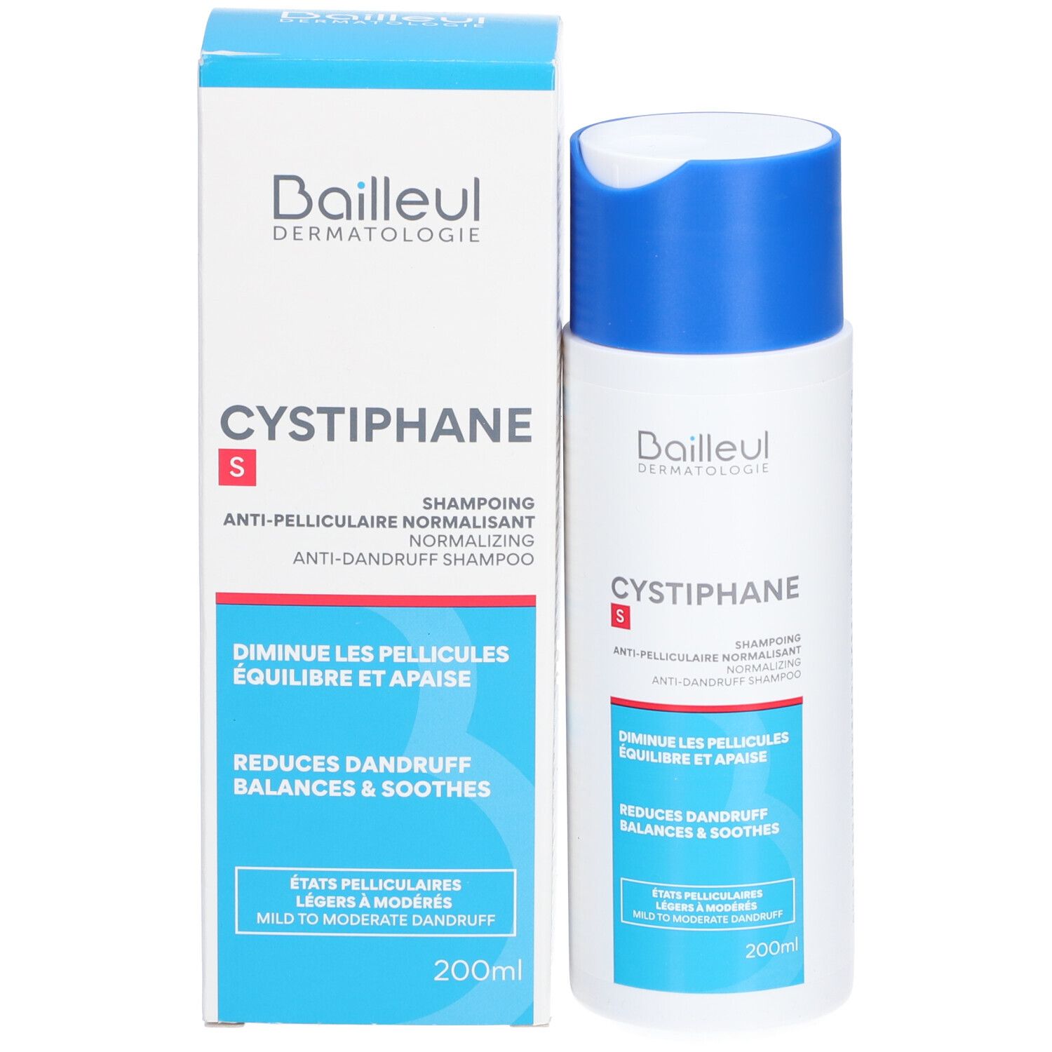 Productverpakking met fles. Opschrift: CYSTIPHANE S, anti-roos shampoo. 200ml.