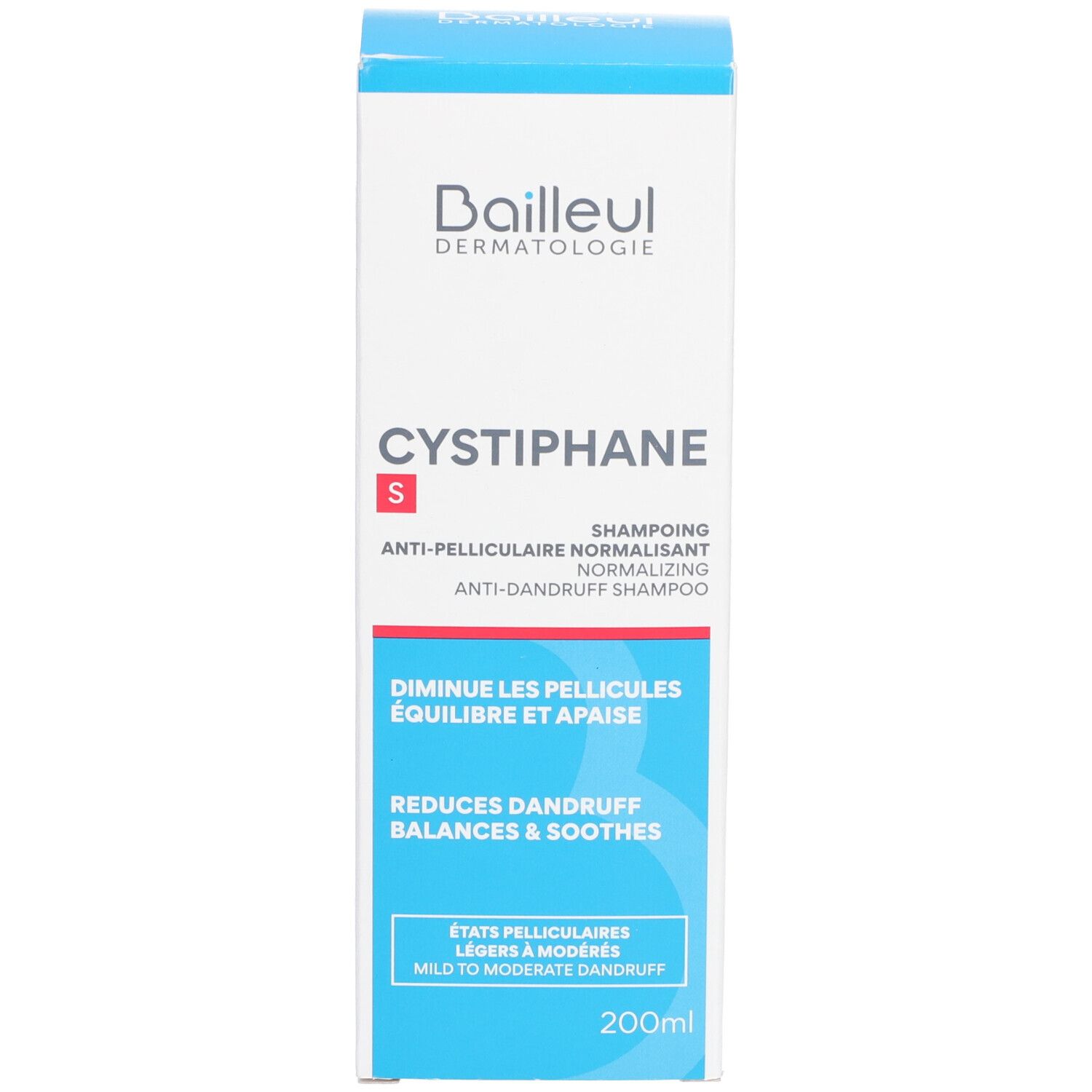Productverpakking. Opschrift: CYSTIPHANE S, anti-roos shampoo. 200ml.