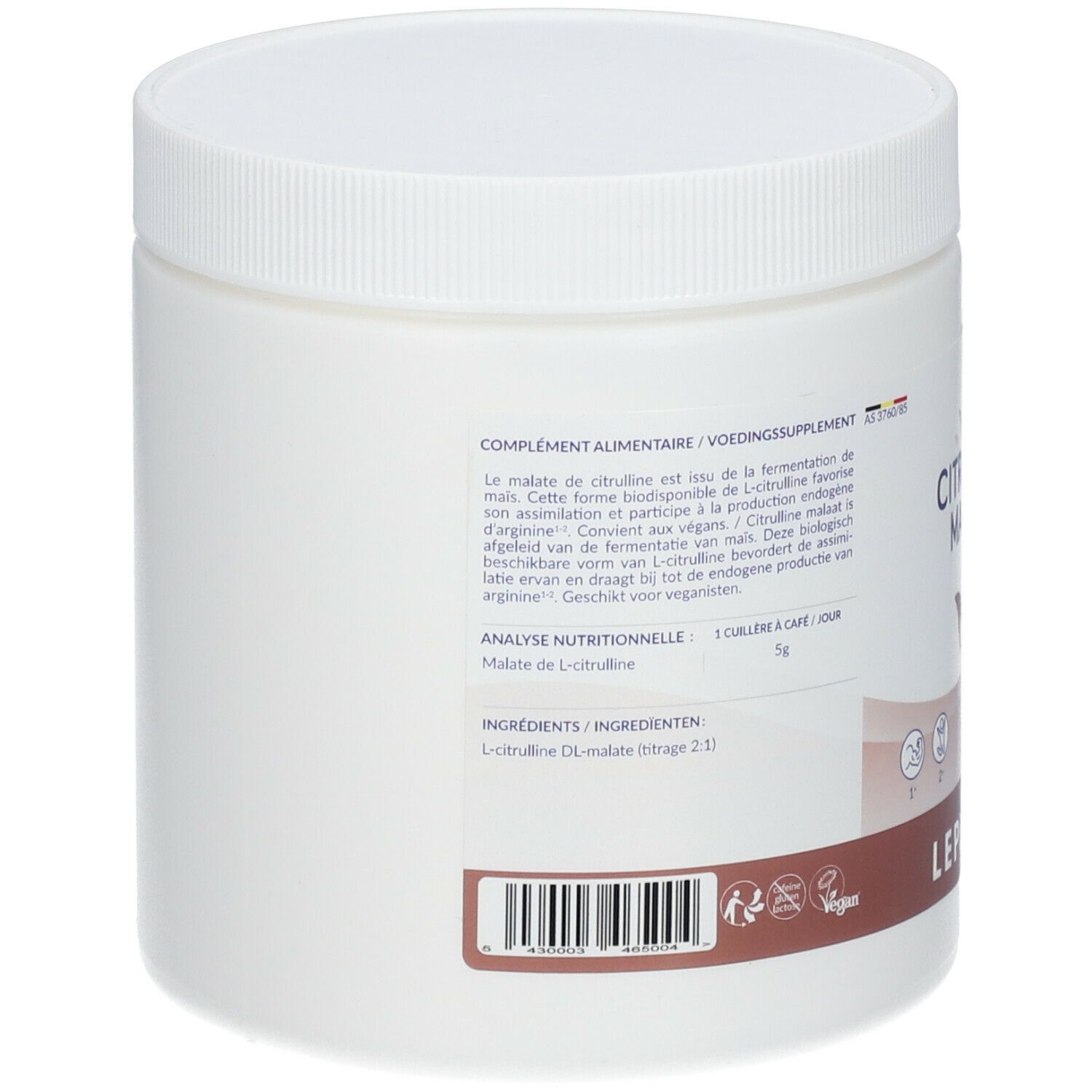 Récipient cylindrique blanc avec bouchon à vis. Inscriptions avec informations sur le produit et liste des ingrédients. Autocollant marron.