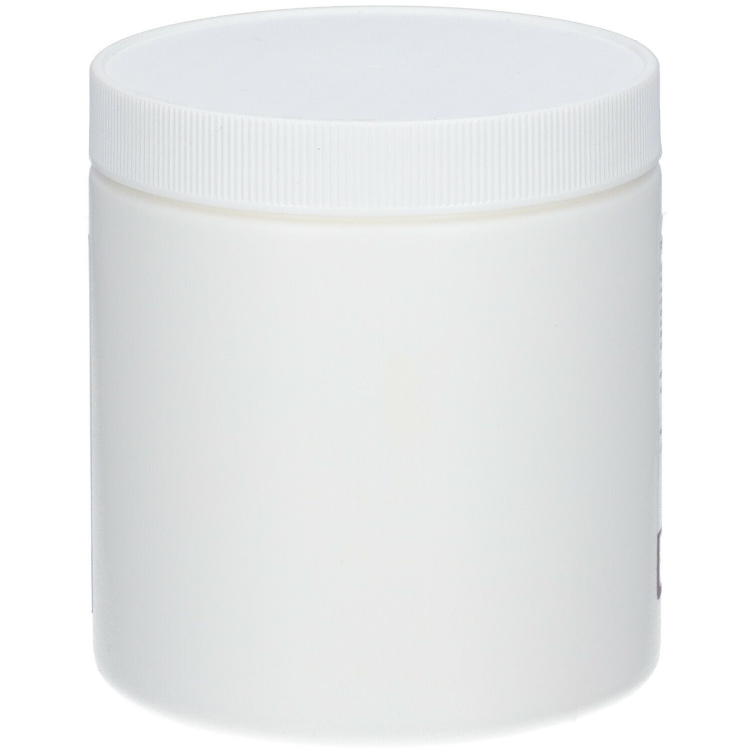 Récipient cylindrique blanc avec bouchon à vis. Surface blanche vide. Petit autocollant rouge sur le côté droit.