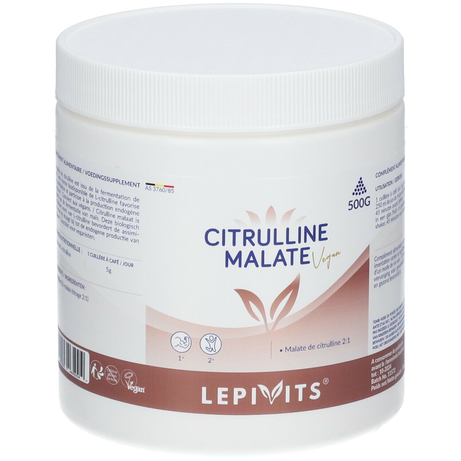 Récipient cylindrique blanc avec bouchon à vis. Inscription : Citrulline Malate Vegan. Autocollant marron avec logo et informations sur le produit.