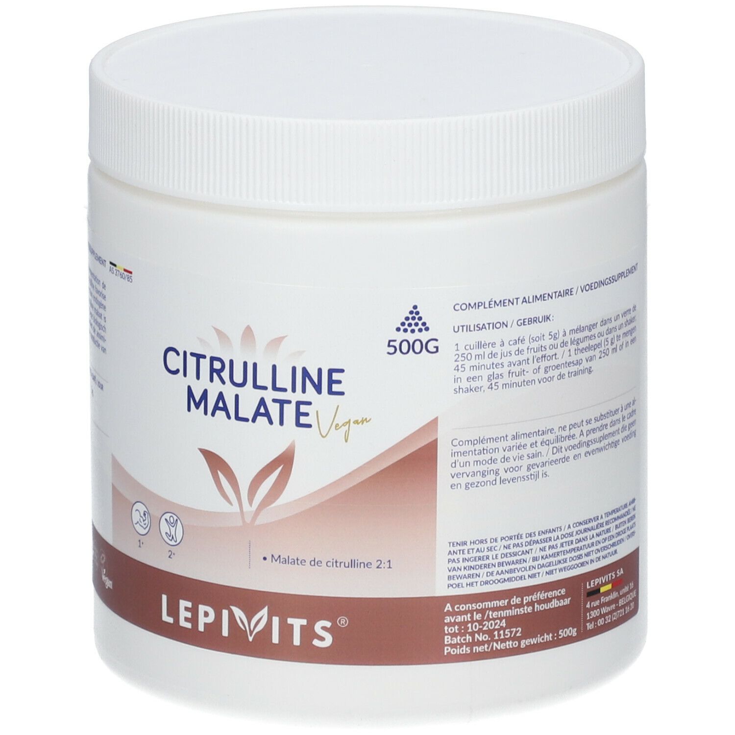 Récipient cylindrique blanc avec bouchon à vis. Inscription : Citrulline Malate Vegan. Autocollant marron avec logo et informations sur le produit.