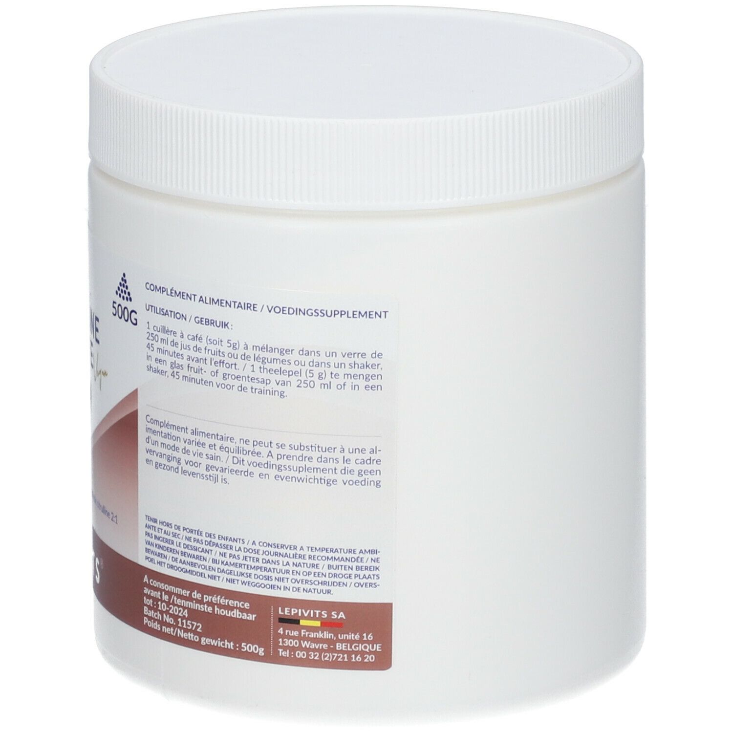 Récipient cylindrique blanc avec bouchon à vis. Inscription : Citrulline Malate Vegan. Autocollant marron avec logo et informations sur le produit.
