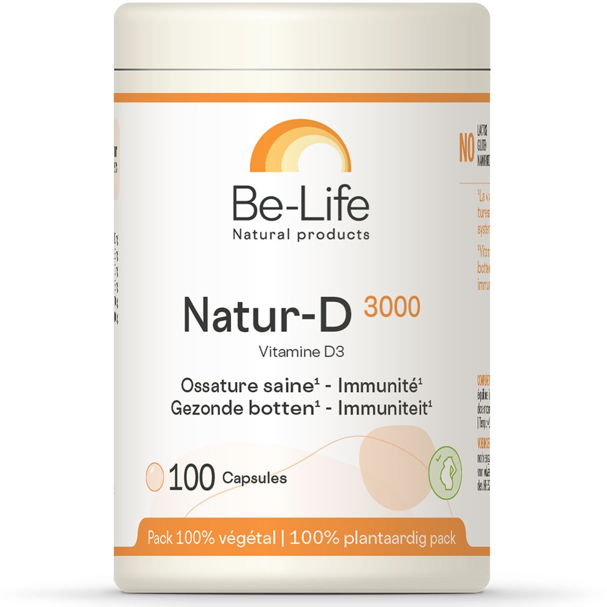 Boîte cylindrique "Be-Life Natur-D 3000". Contient 100 capsules. Inscriptions: "Ossature saine - Immunité", "Gezonde botten - Immuniteit".