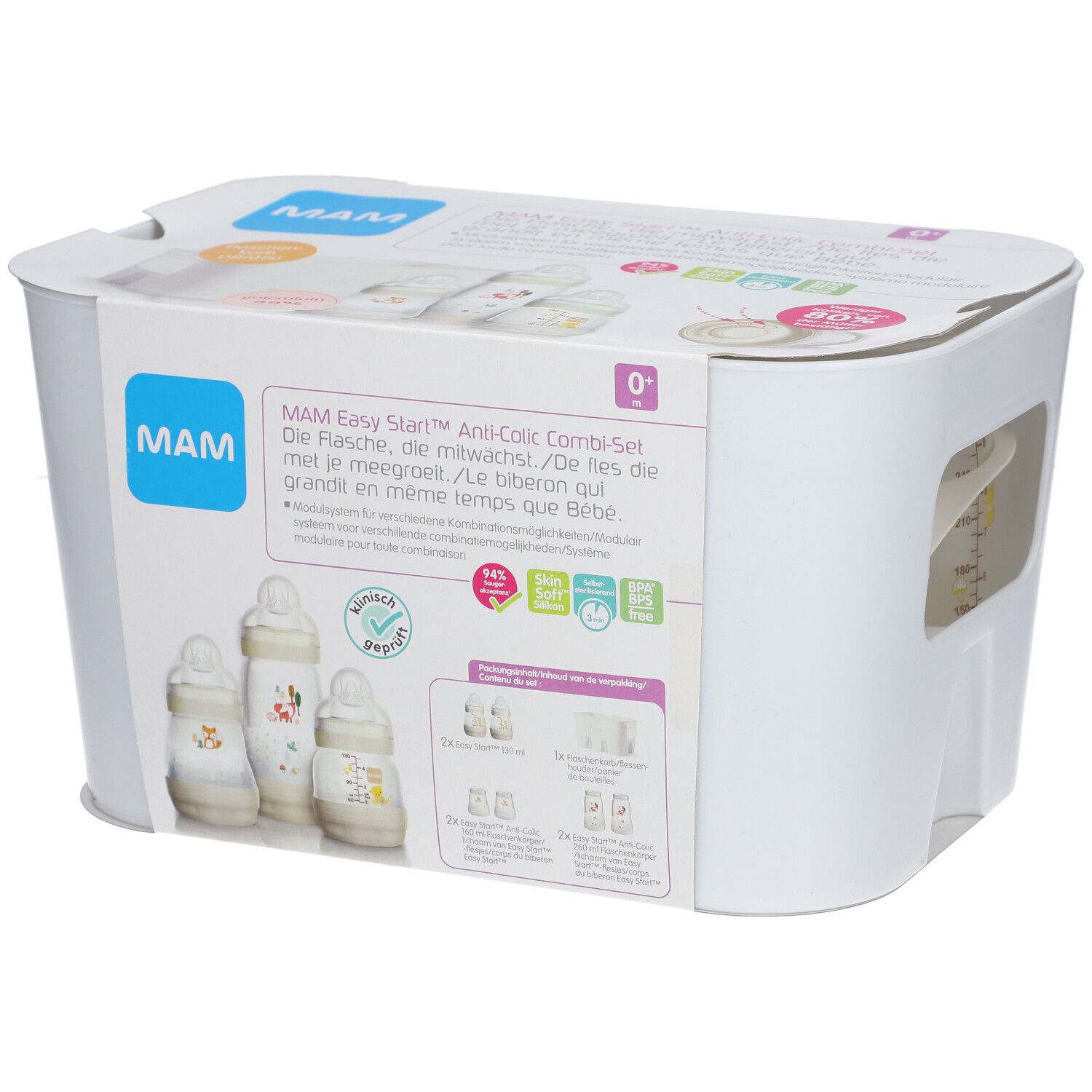 MAM Easy Start™ Anti-Colic Combi-Set in weißer Verpackung. Flaschen mit Motiven. Logos und Produktnamen sichtbar.