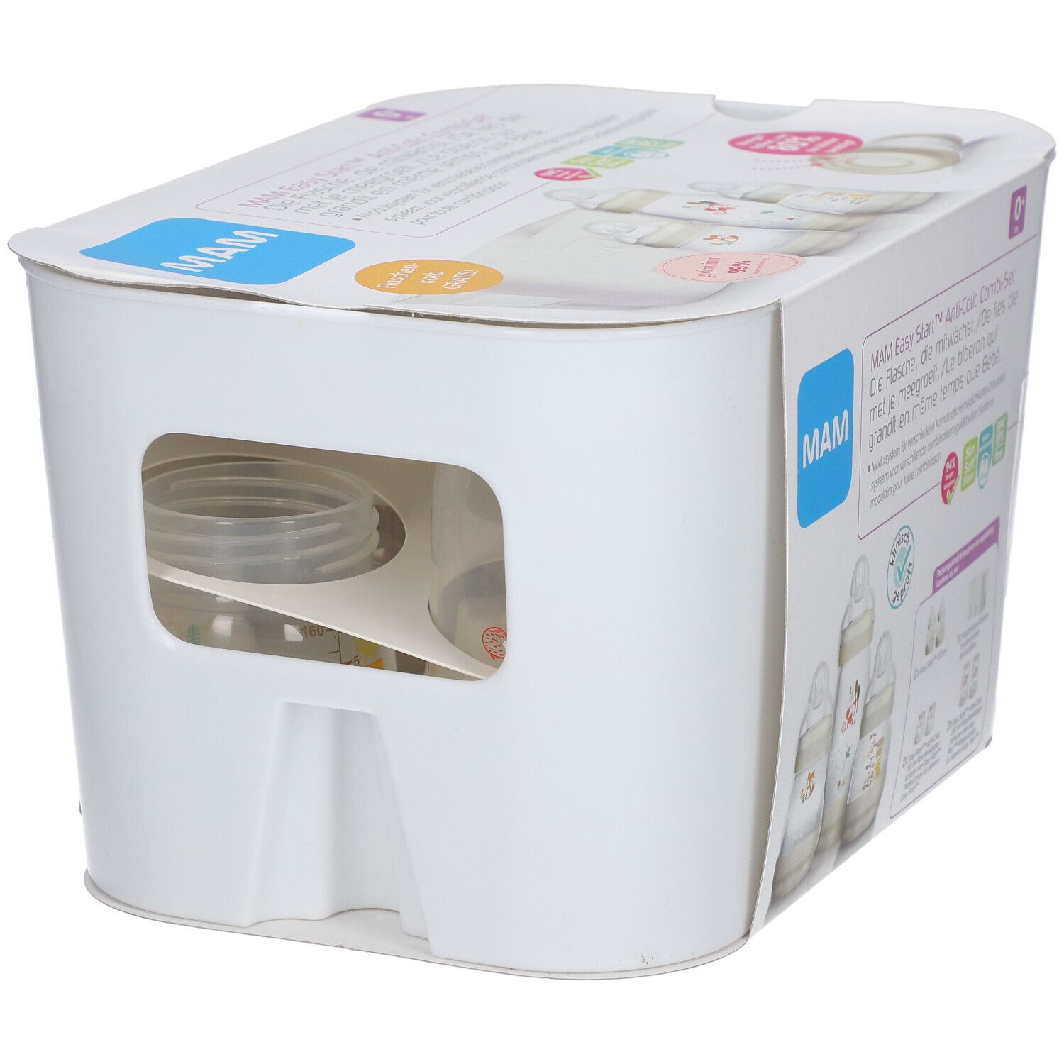 MAM Easy Start™ Anti-Colic Combi-Set. Weiße Verpackung mit Sichtfenster. Flaschen und Zubehör teilweise sichtbar.