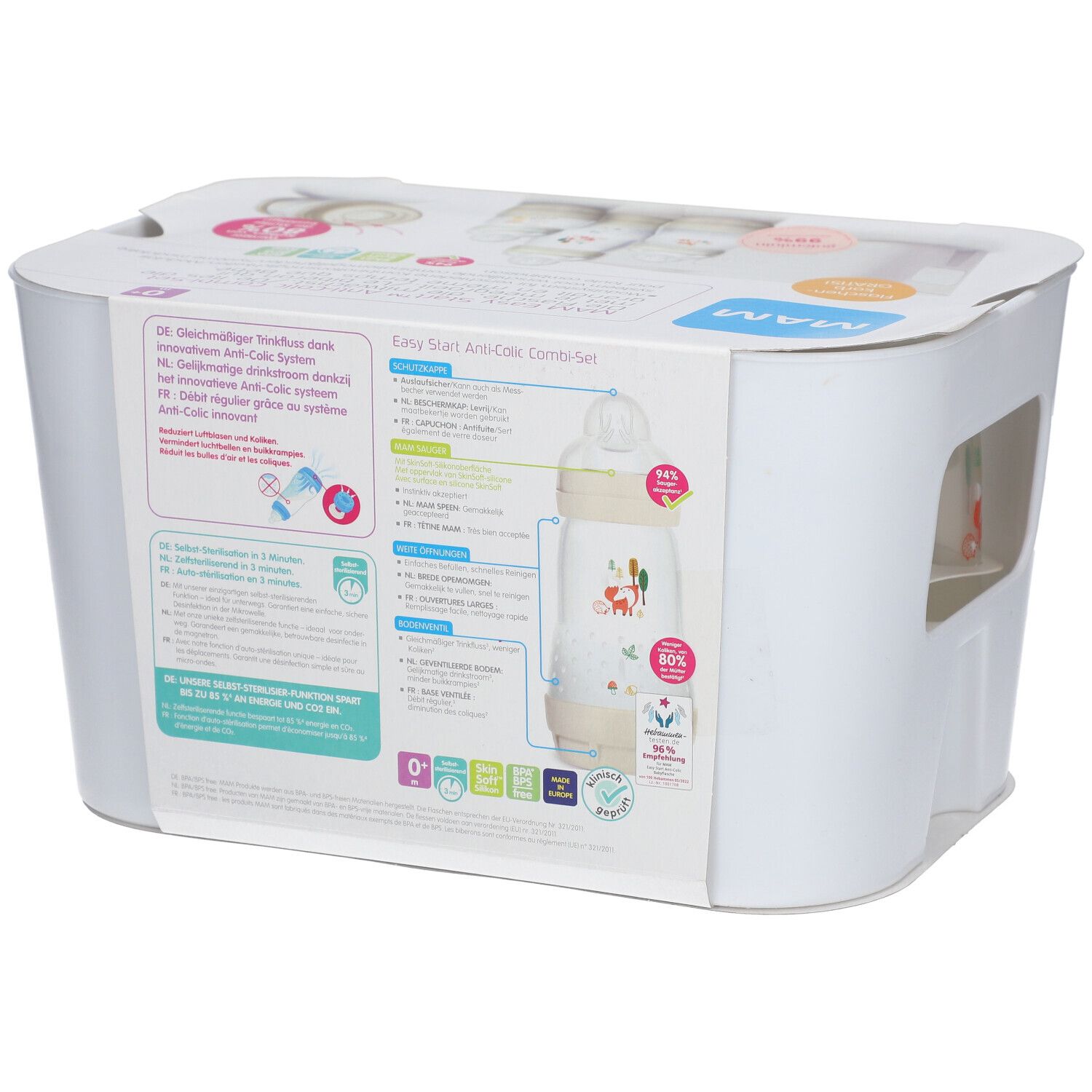MAM Easy Start™ Anti-Colic Combi-Set. Weiße Verpackung mit Produktinformationen. Flasche mit Motiv.